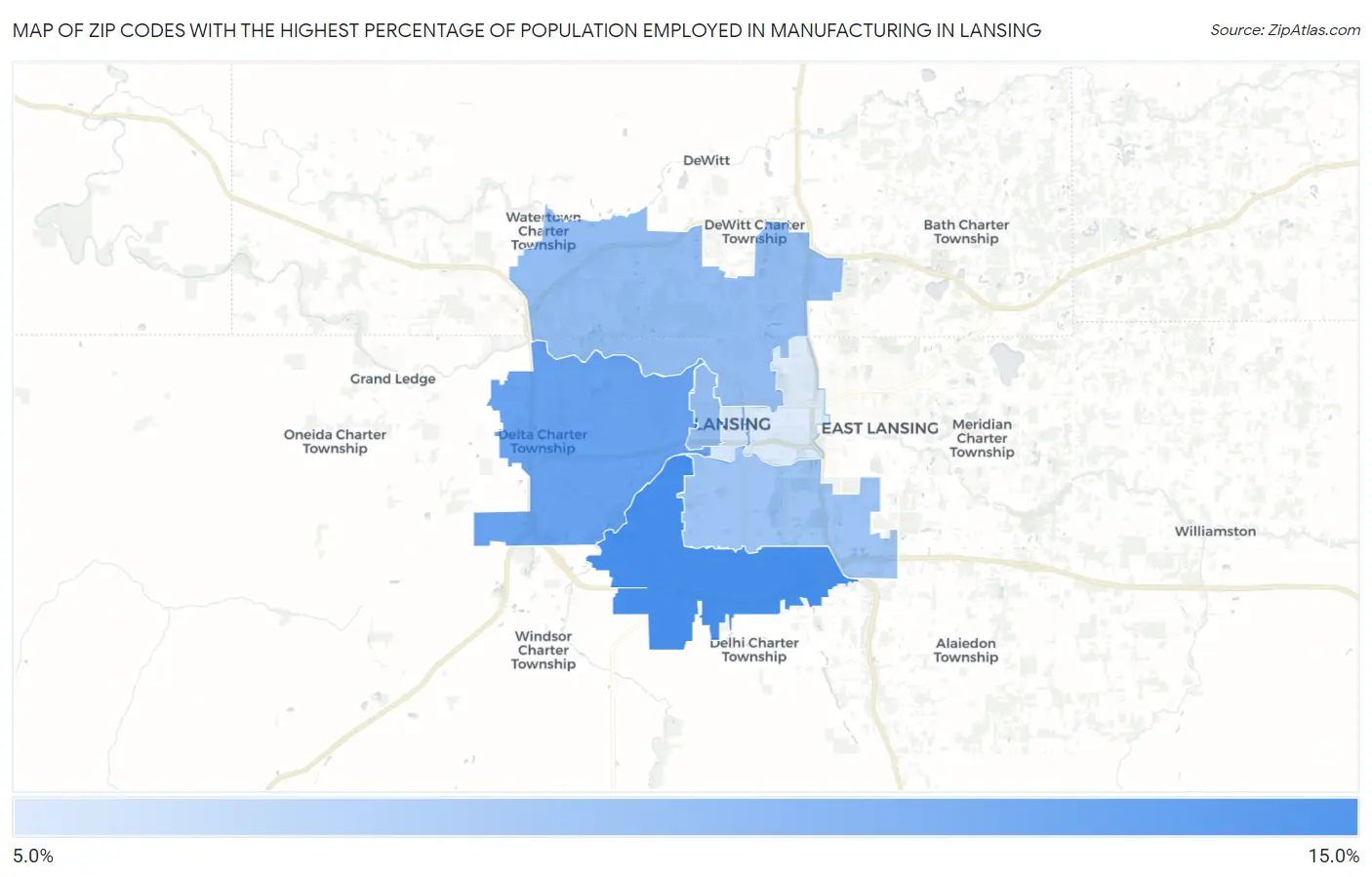 Zip Codes with the Highest Percentage of Population Employed in Manufacturing in Lansing Map