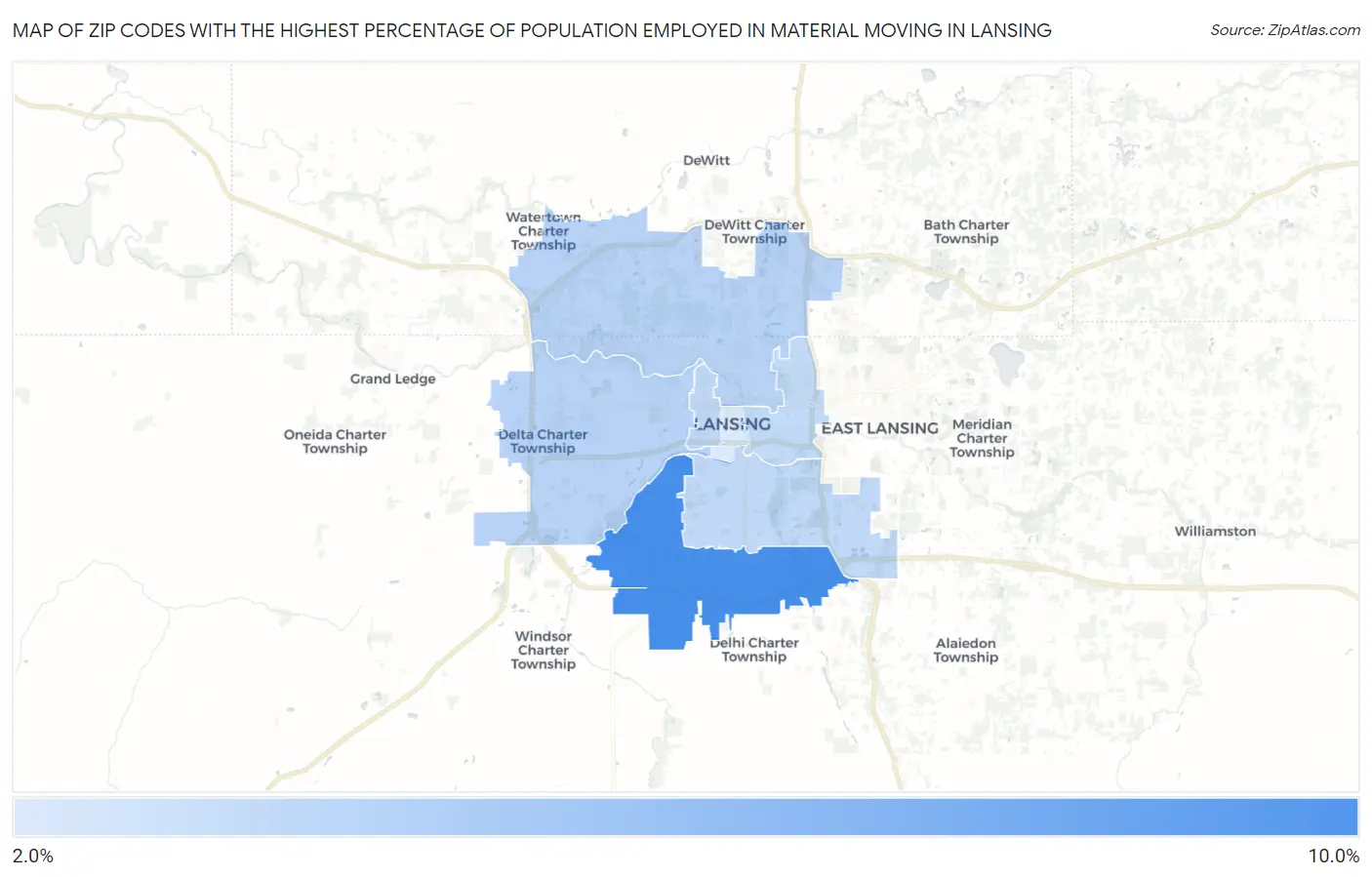 Zip Codes with the Highest Percentage of Population Employed in Material Moving in Lansing Map