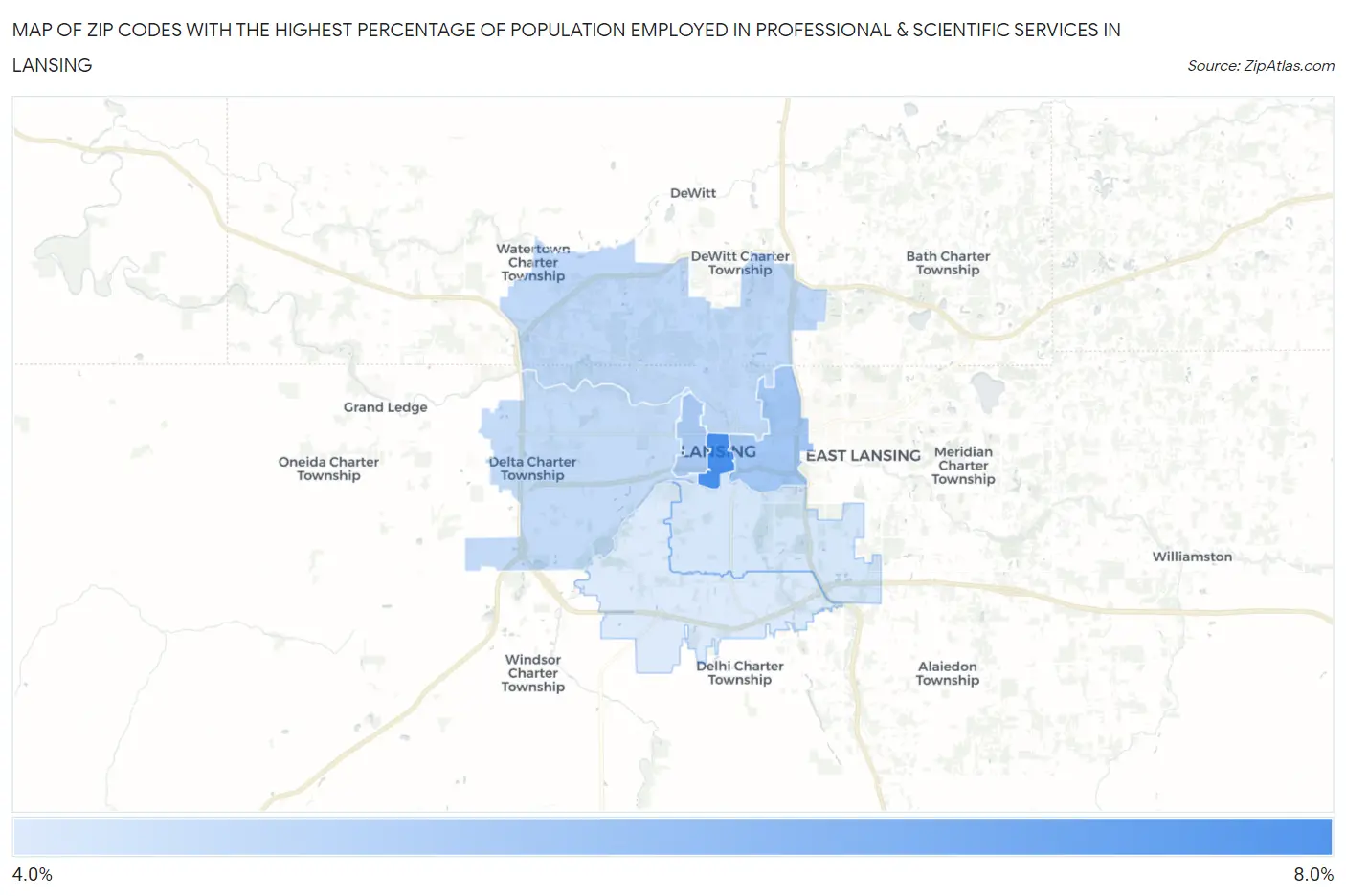 Zip Codes with the Highest Percentage of Population Employed in Professional & Scientific Services in Lansing Map