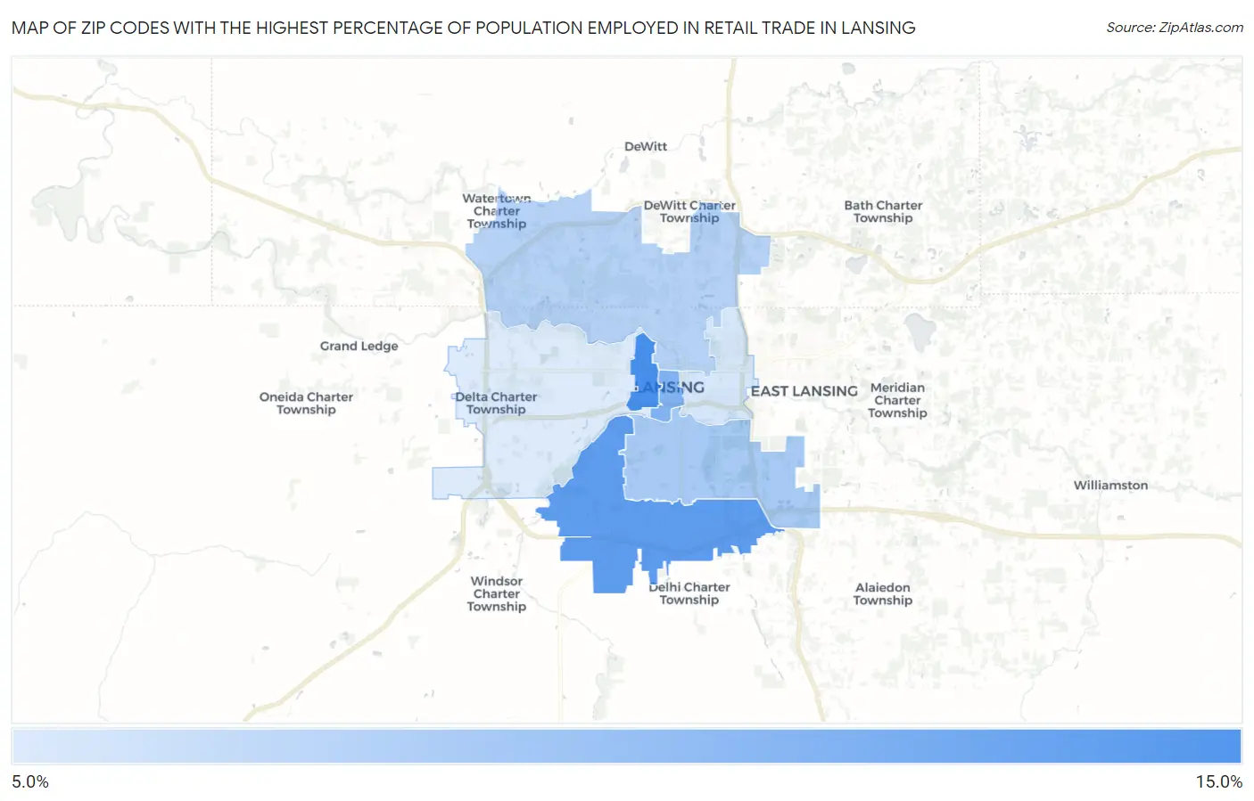Zip Codes with the Highest Percentage of Population Employed in Retail Trade in Lansing Map