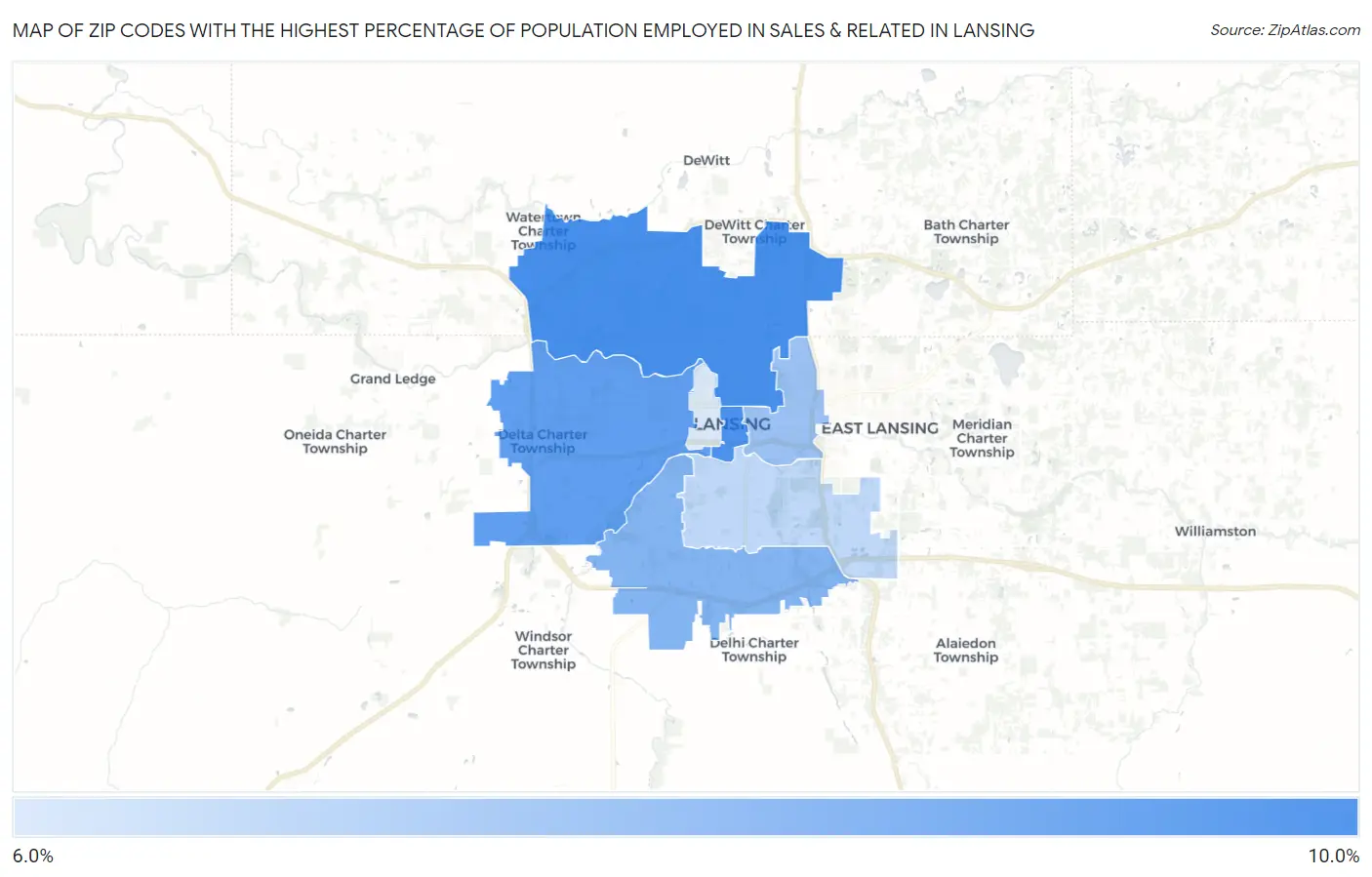 Zip Codes with the Highest Percentage of Population Employed in Sales & Related in Lansing Map