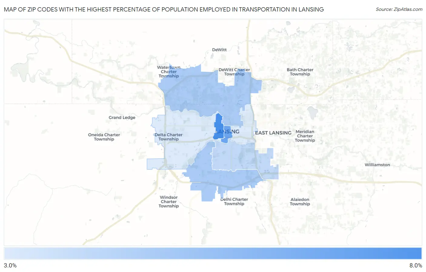 Zip Codes with the Highest Percentage of Population Employed in Transportation in Lansing Map