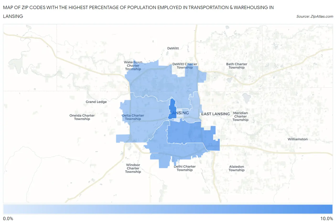 Zip Codes with the Highest Percentage of Population Employed in Transportation & Warehousing in Lansing Map