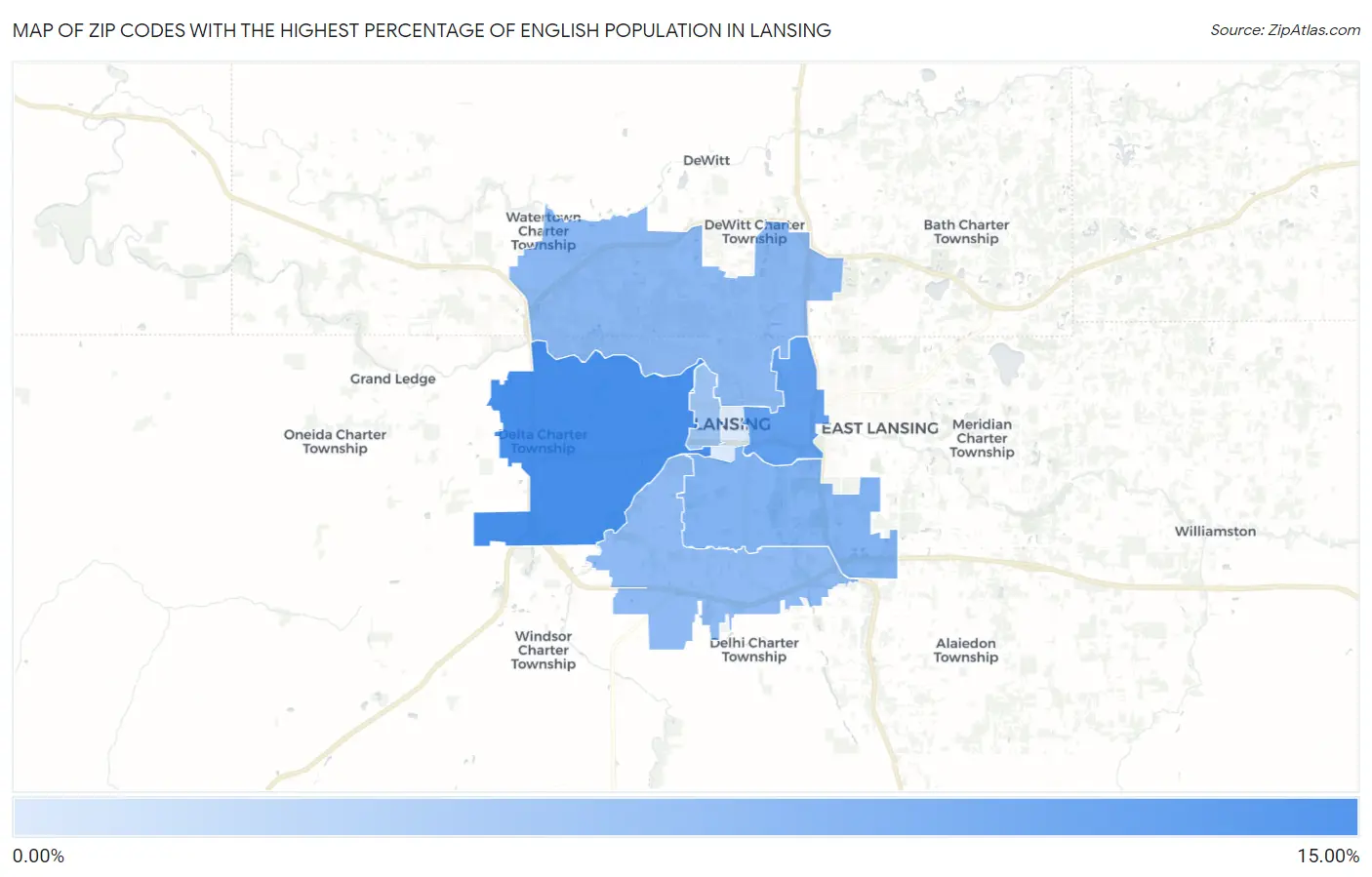 Zip Codes with the Highest Percentage of English Population in Lansing Map