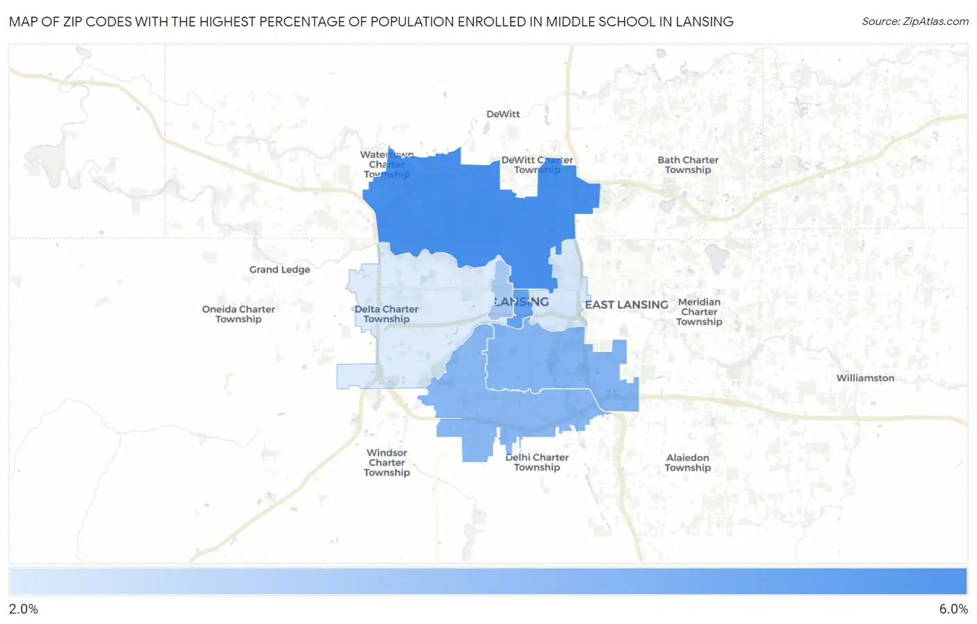 Zip Codes with the Highest Percentage of Population Enrolled in Middle School in Lansing Map