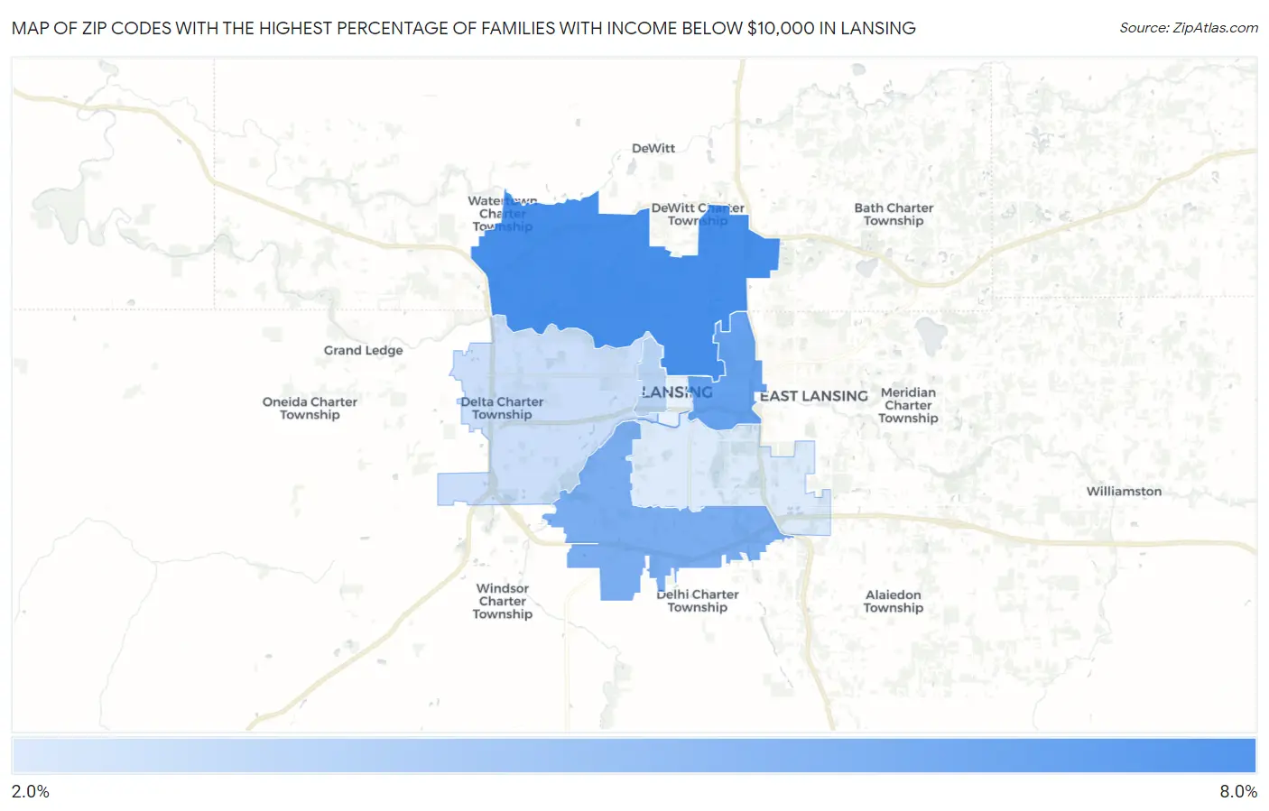 Zip Codes with the Highest Percentage of Families with Income Below $10,000 in Lansing Map