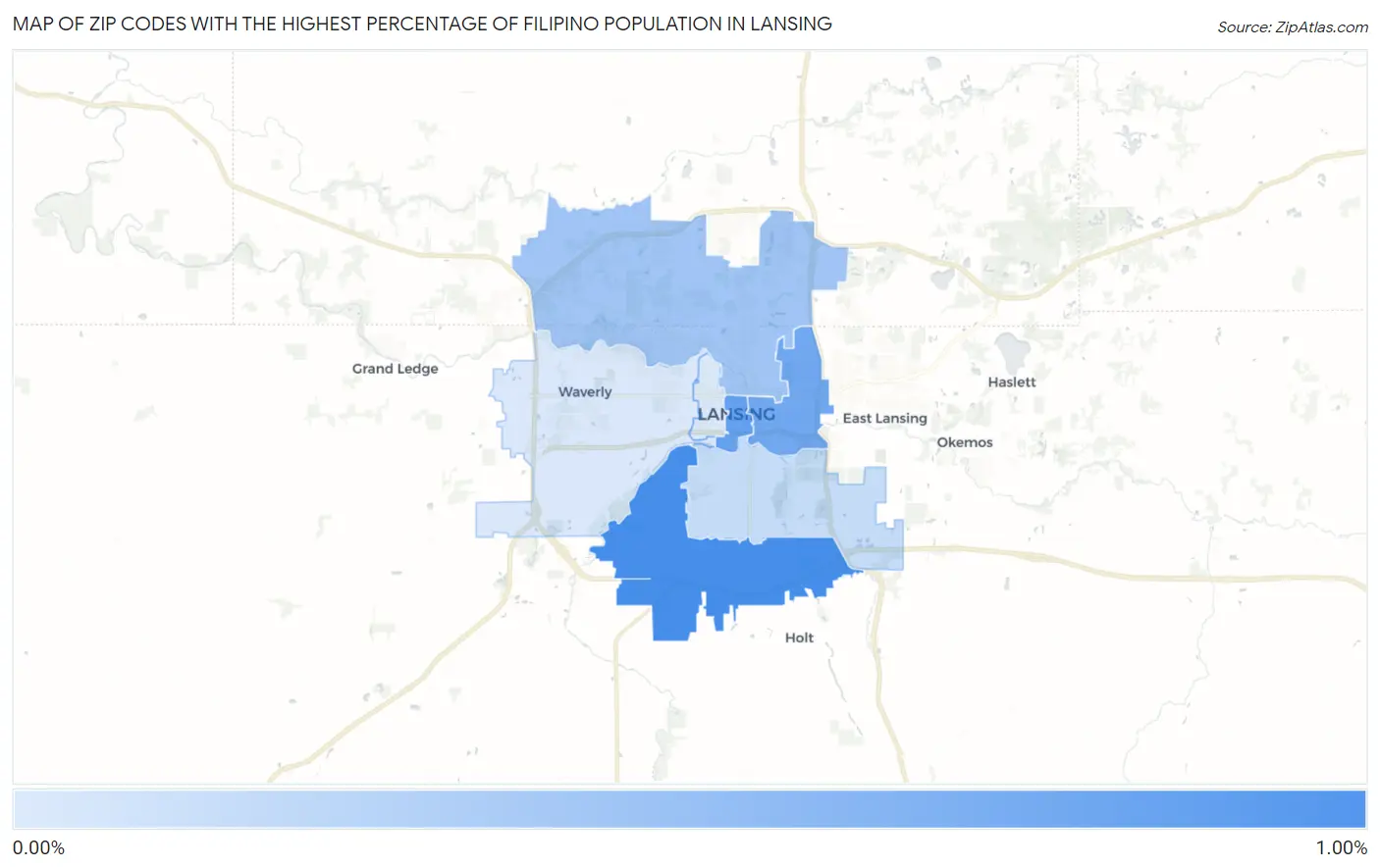 Zip Codes with the Highest Percentage of Filipino Population in Lansing Map