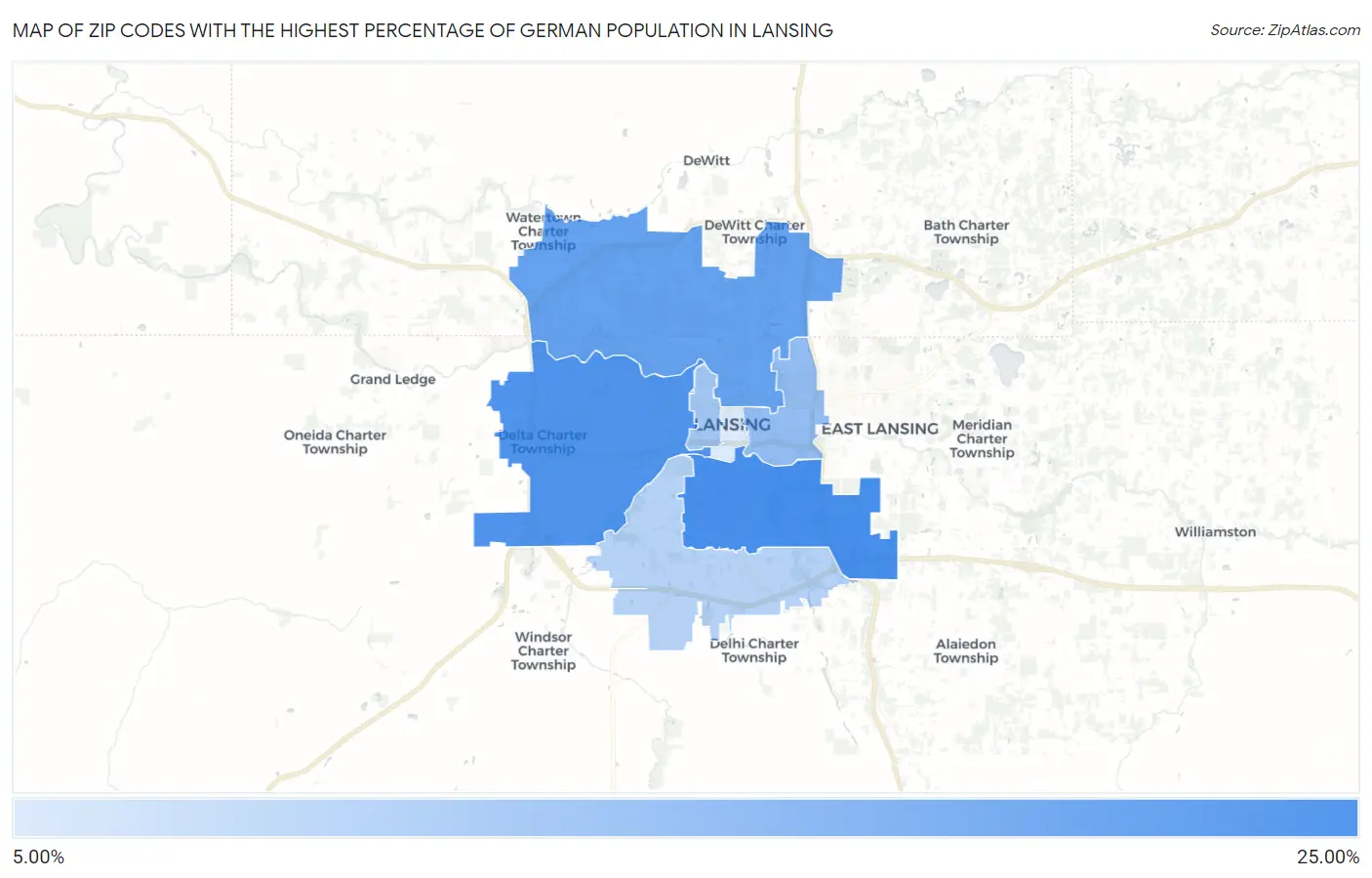 Zip Codes with the Highest Percentage of German Population in Lansing Map