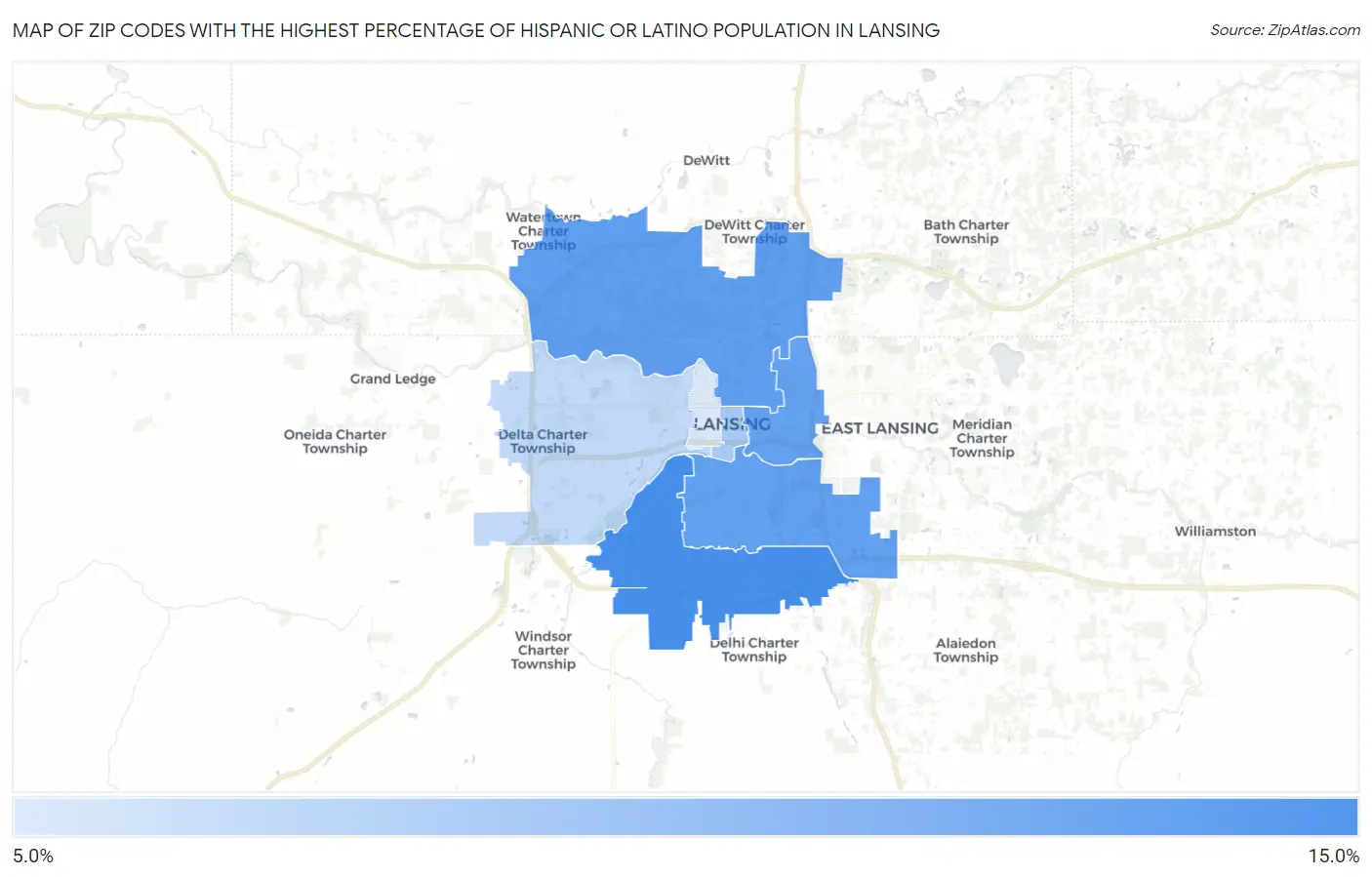 Zip Codes with the Highest Percentage of Hispanic or Latino Population in Lansing Map