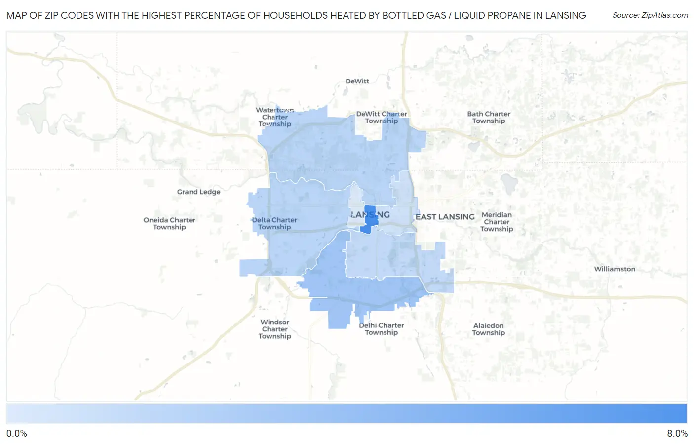 Zip Codes with the Highest Percentage of Households Heated by Bottled Gas / Liquid Propane in Lansing Map