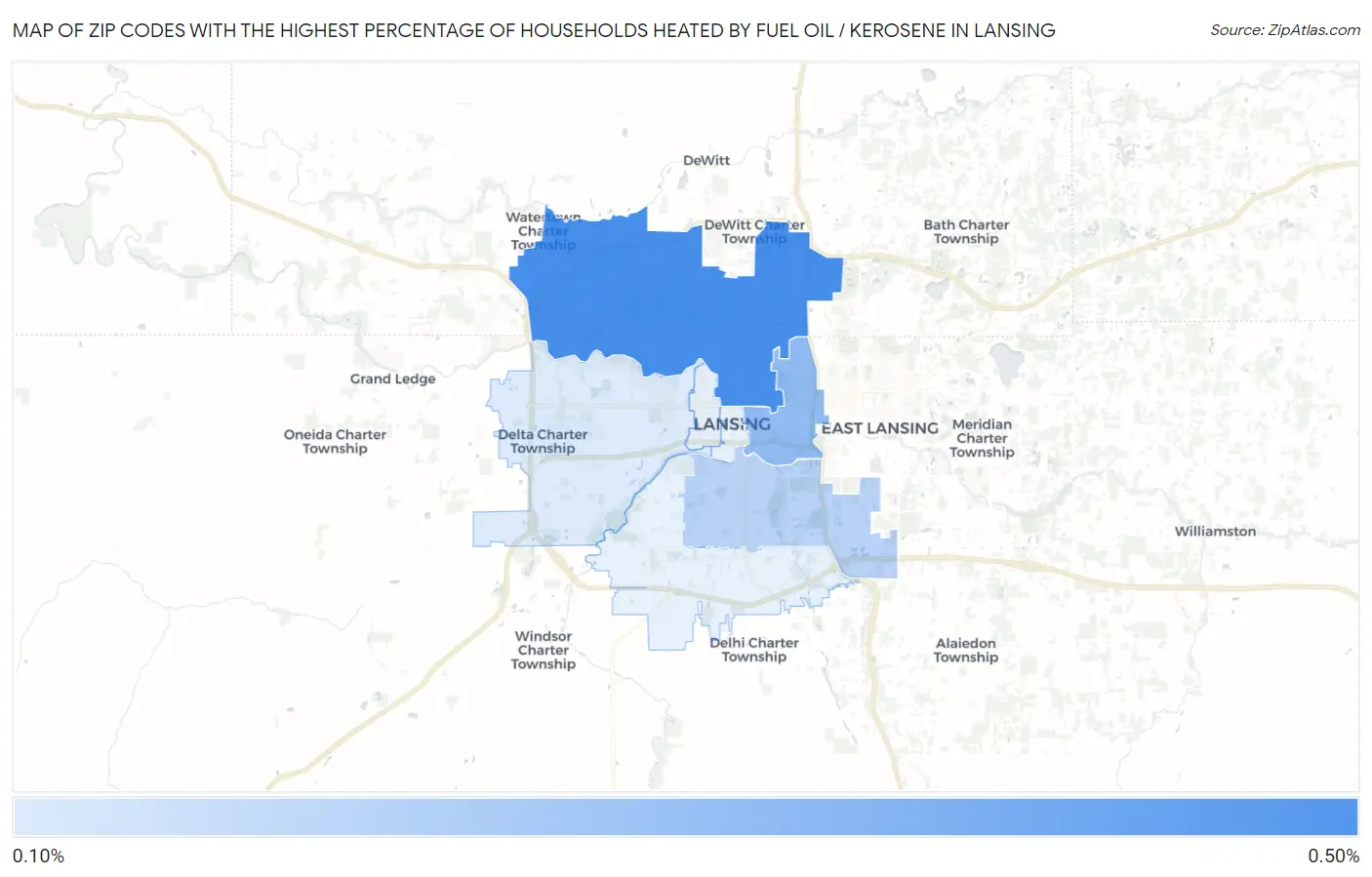 Zip Codes with the Highest Percentage of Households Heated by Fuel Oil / Kerosene in Lansing Map