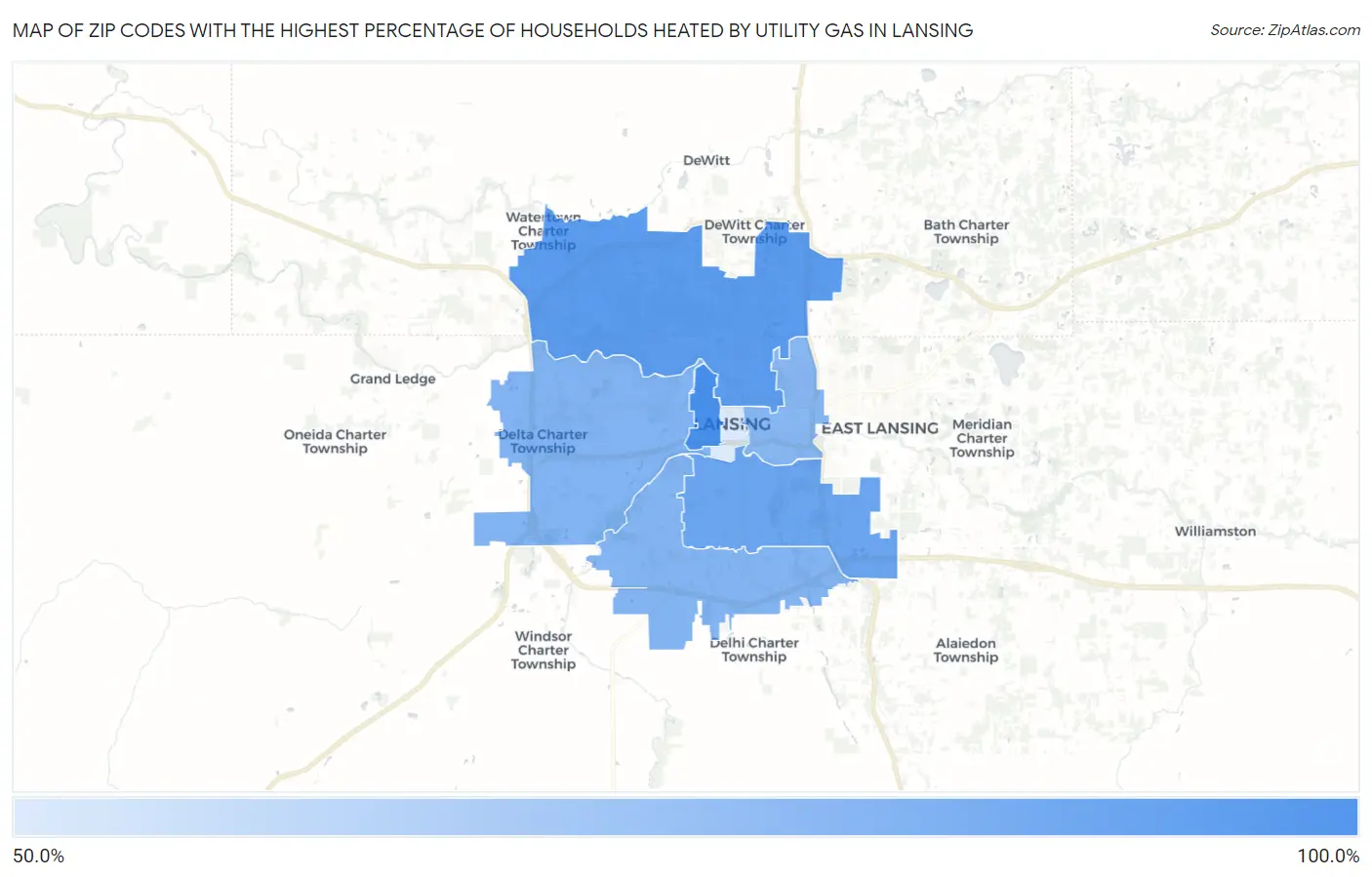 Zip Codes with the Highest Percentage of Households Heated by Utility Gas in Lansing Map