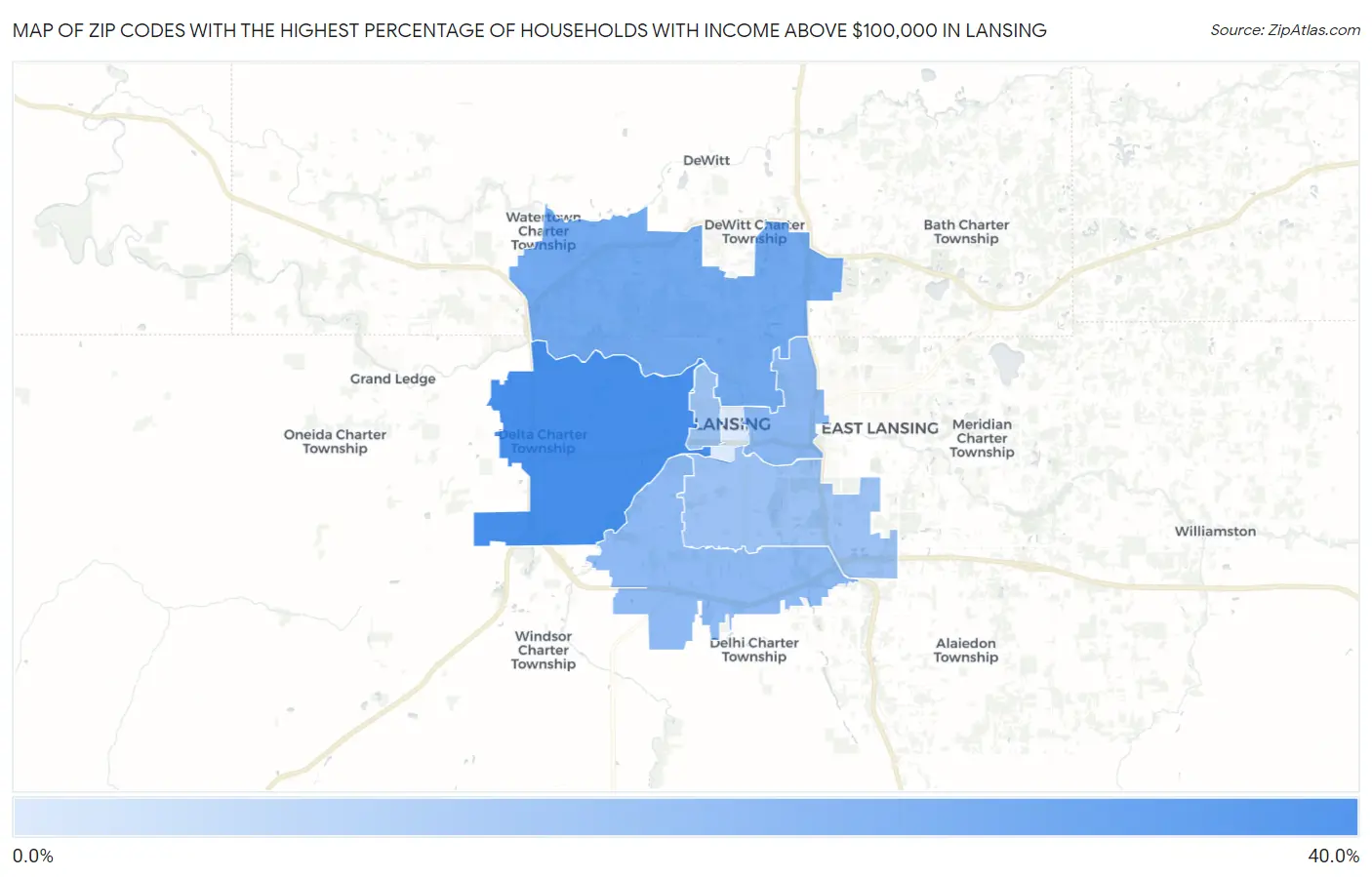 Zip Codes with the Highest Percentage of Households with Income Above $100,000 in Lansing Map