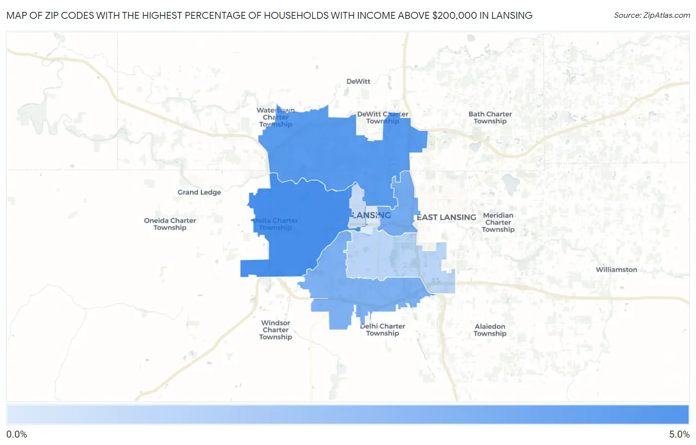 Zip Codes with the Highest Percentage of Households with Income Above $200,000 in Lansing Map