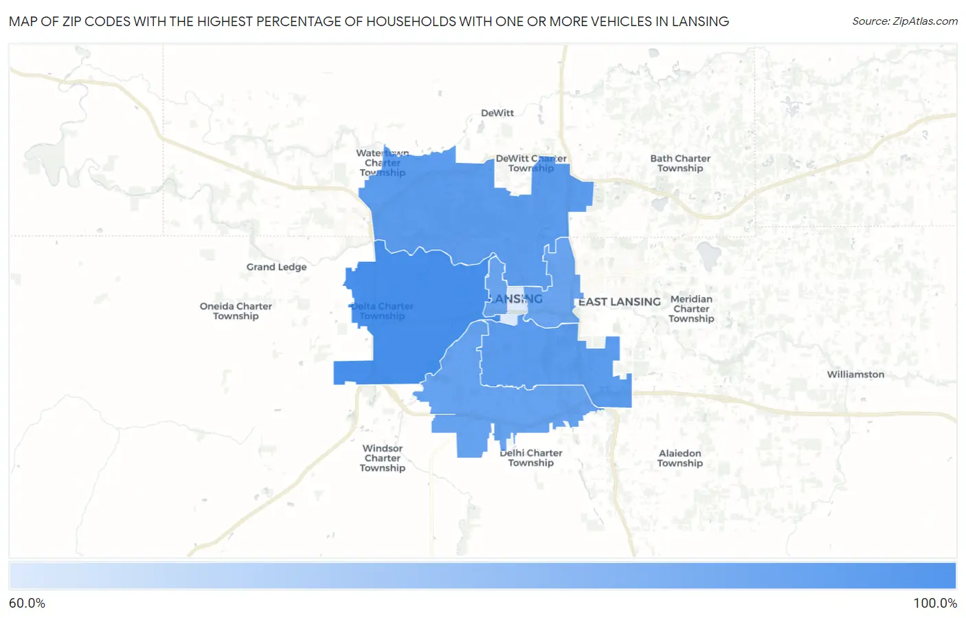 Zip Codes with the Highest Percentage of Households With One or more Vehicles in Lansing Map