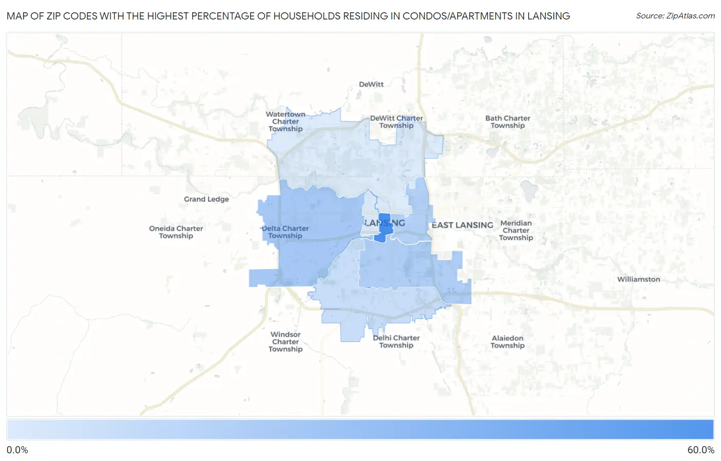 Zip Codes with the Highest Percentage of Households Residing in Condos/Apartments in Lansing Map