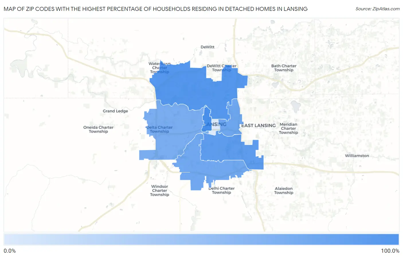 Zip Codes with the Highest Percentage of Households Residing in Detached Homes in Lansing Map