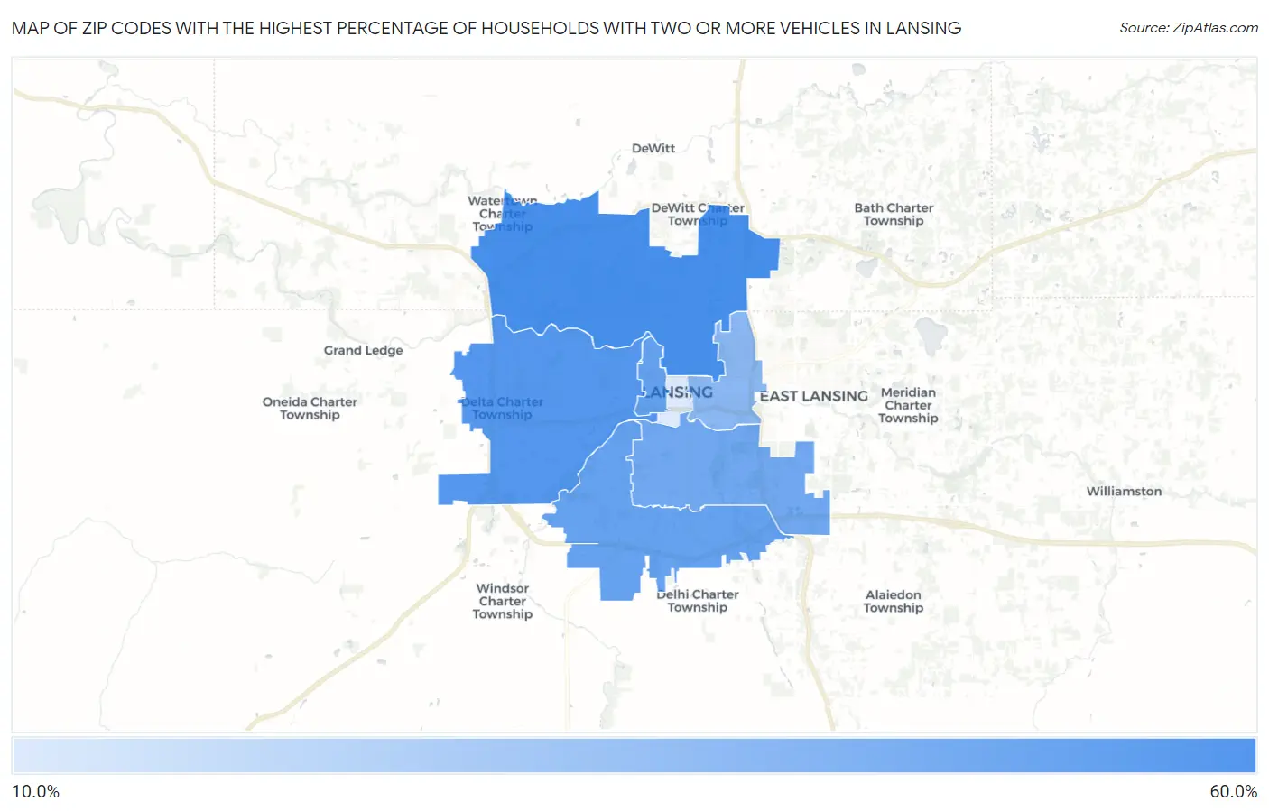 Zip Codes with the Highest Percentage of Households With Two or more Vehicles in Lansing Map