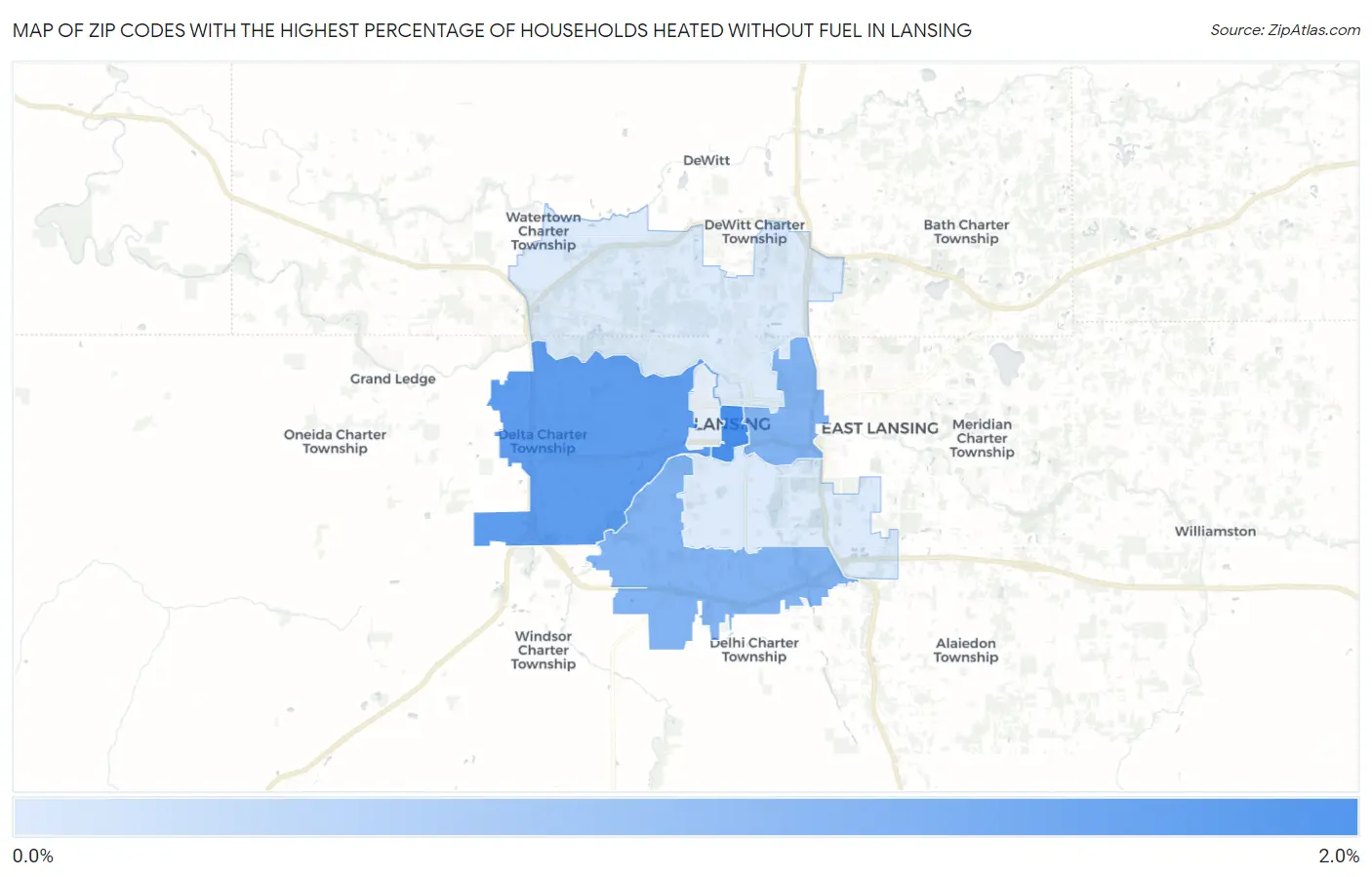 Zip Codes with the Highest Percentage of Households Heated without Fuel in Lansing Map