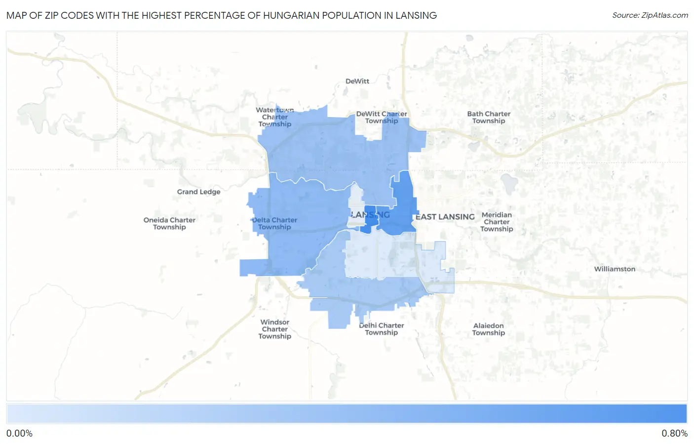 Zip Codes with the Highest Percentage of Hungarian Population in Lansing Map