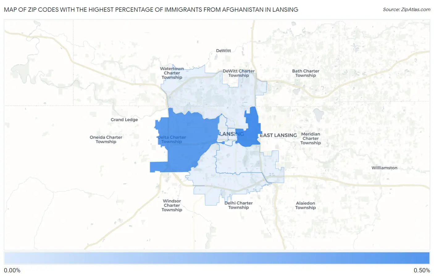 Zip Codes with the Highest Percentage of Immigrants from Afghanistan in Lansing Map