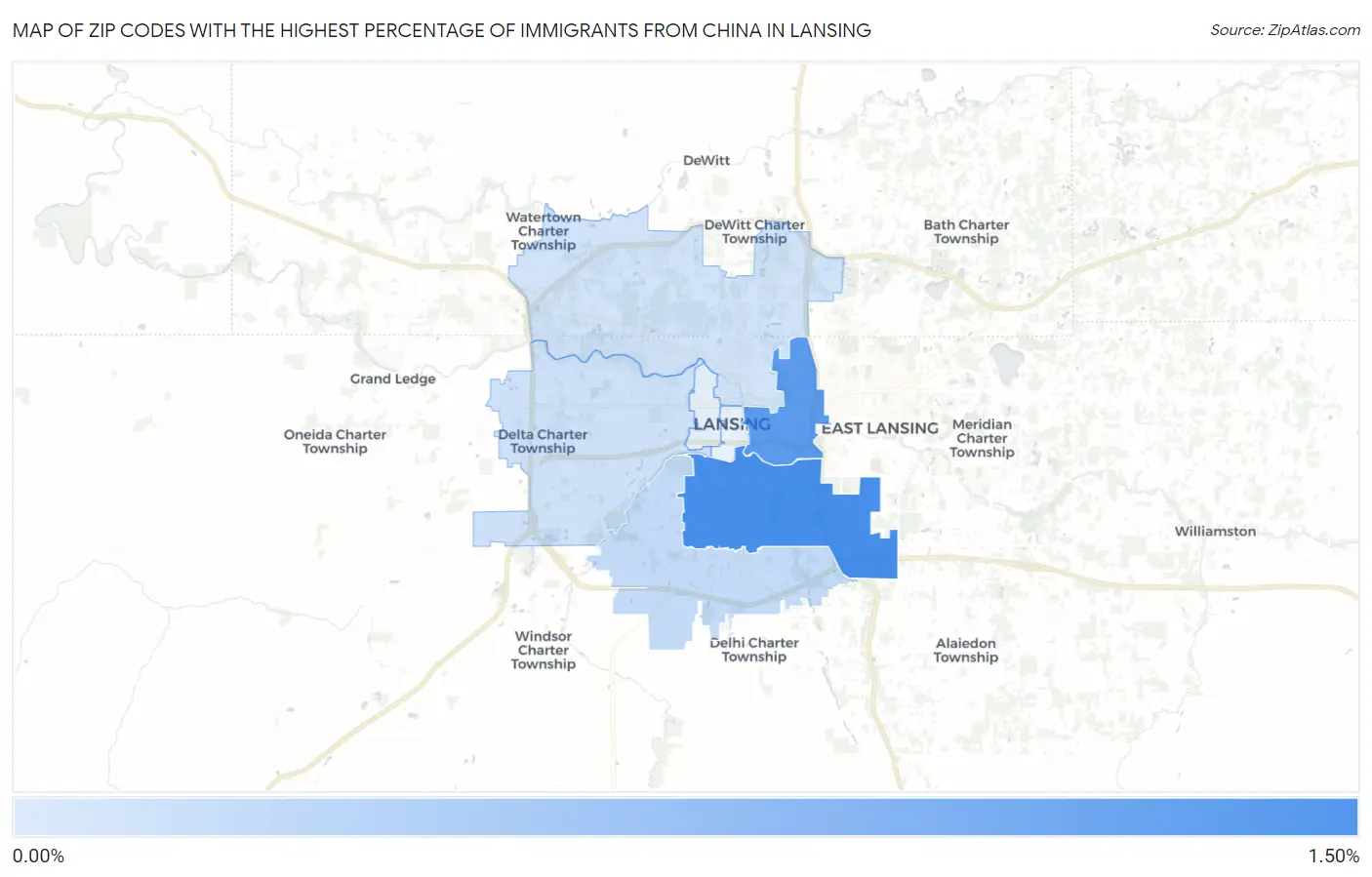 Zip Codes with the Highest Percentage of Immigrants from China in Lansing Map