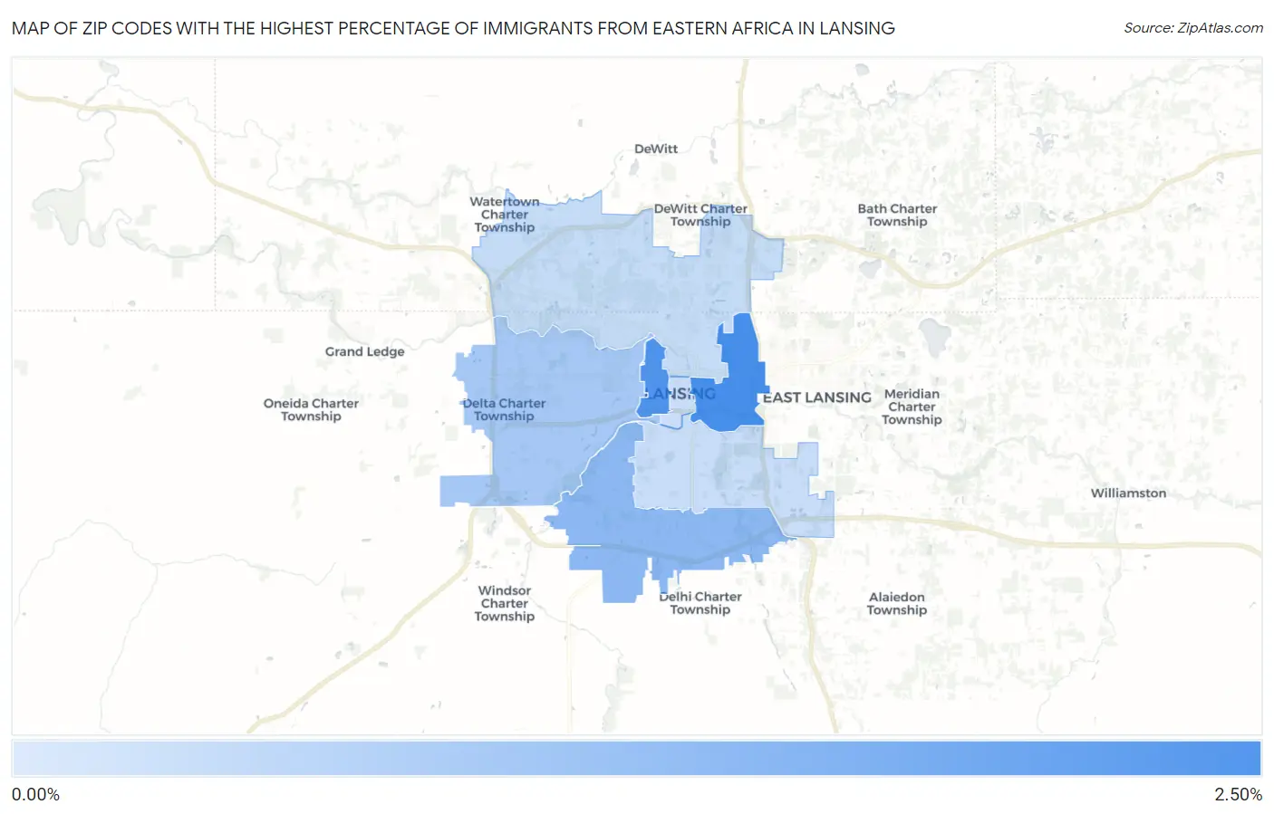 Zip Codes with the Highest Percentage of Immigrants from Eastern Africa in Lansing Map