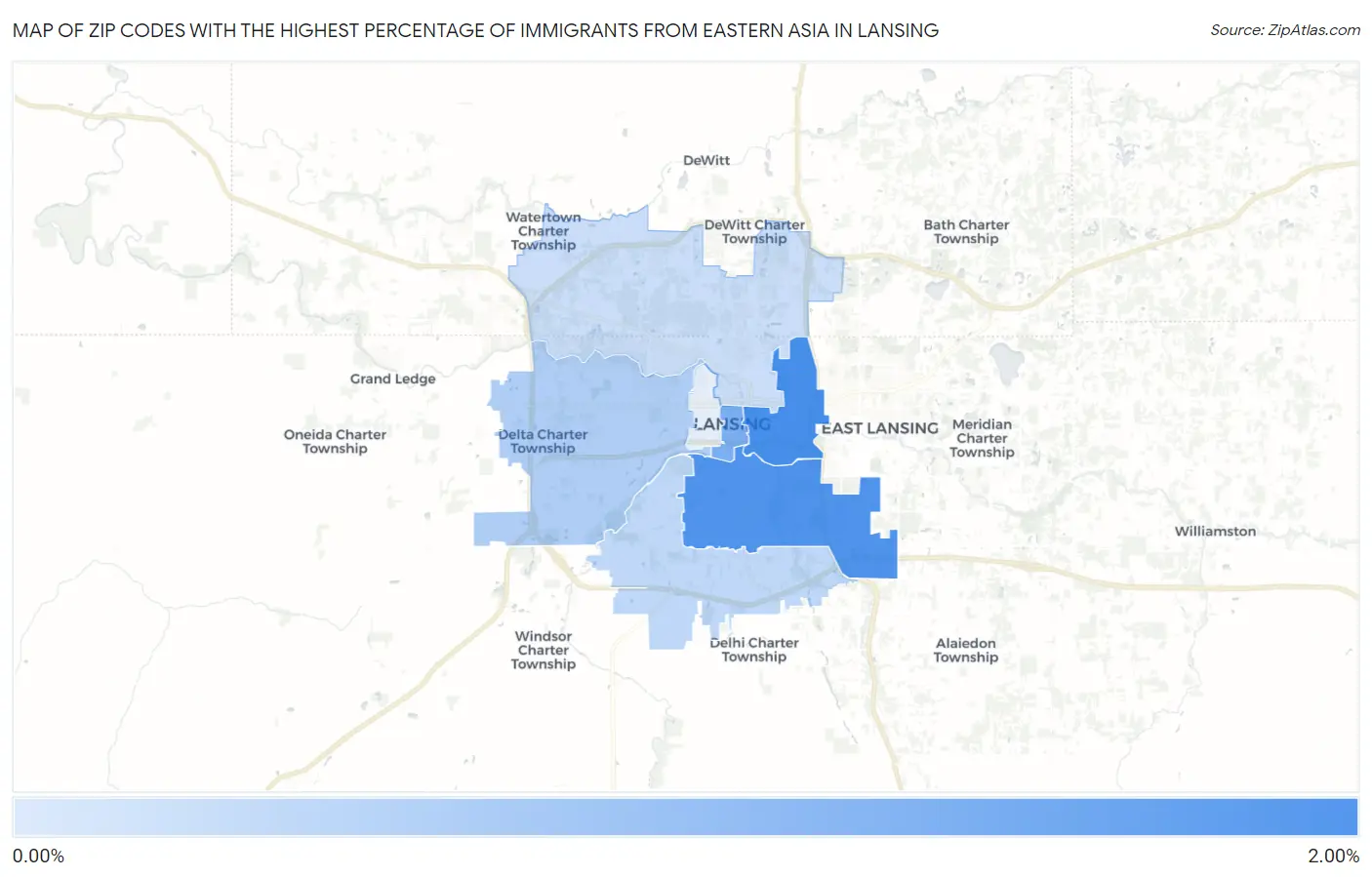 Zip Codes with the Highest Percentage of Immigrants from Eastern Asia in Lansing Map