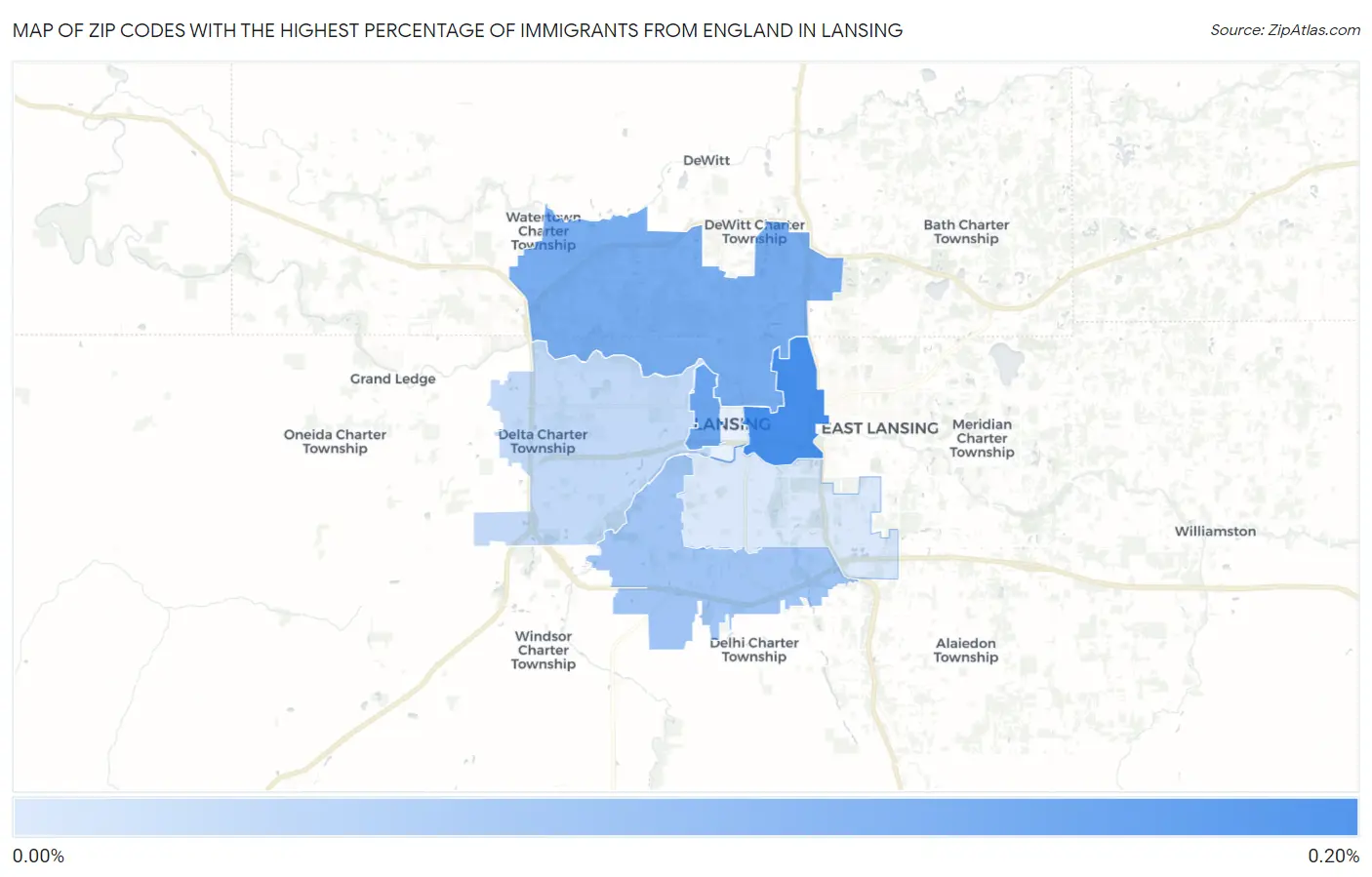 Zip Codes with the Highest Percentage of Immigrants from England in Lansing Map