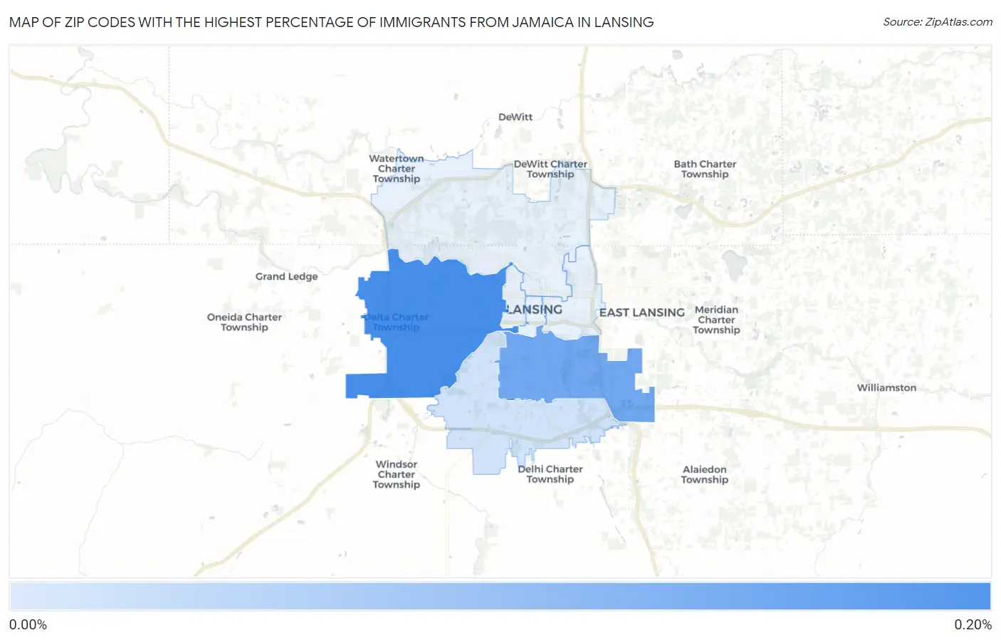 Zip Codes with the Highest Percentage of Immigrants from Jamaica in Lansing Map