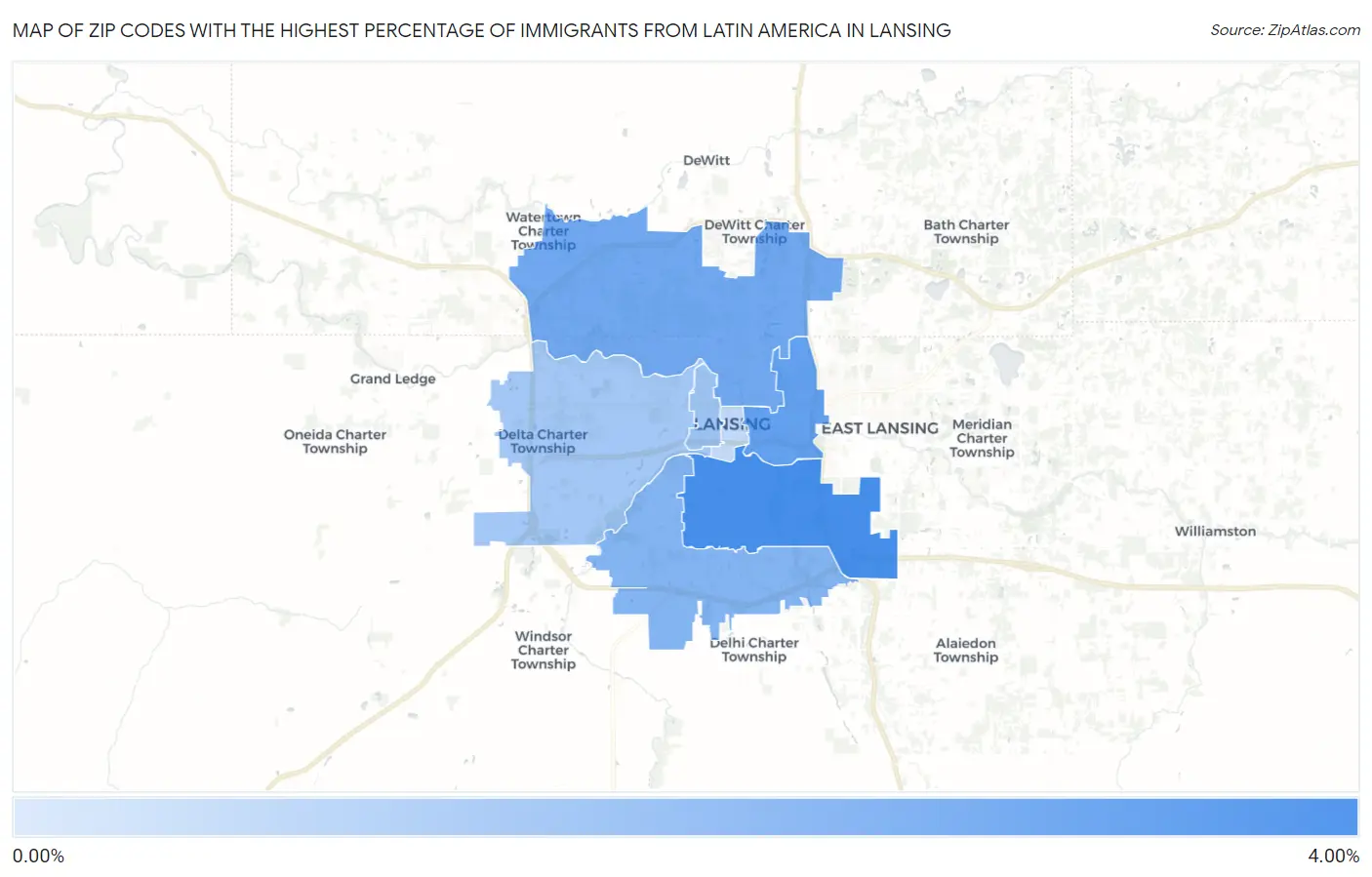 Zip Codes with the Highest Percentage of Immigrants from Latin America in Lansing Map