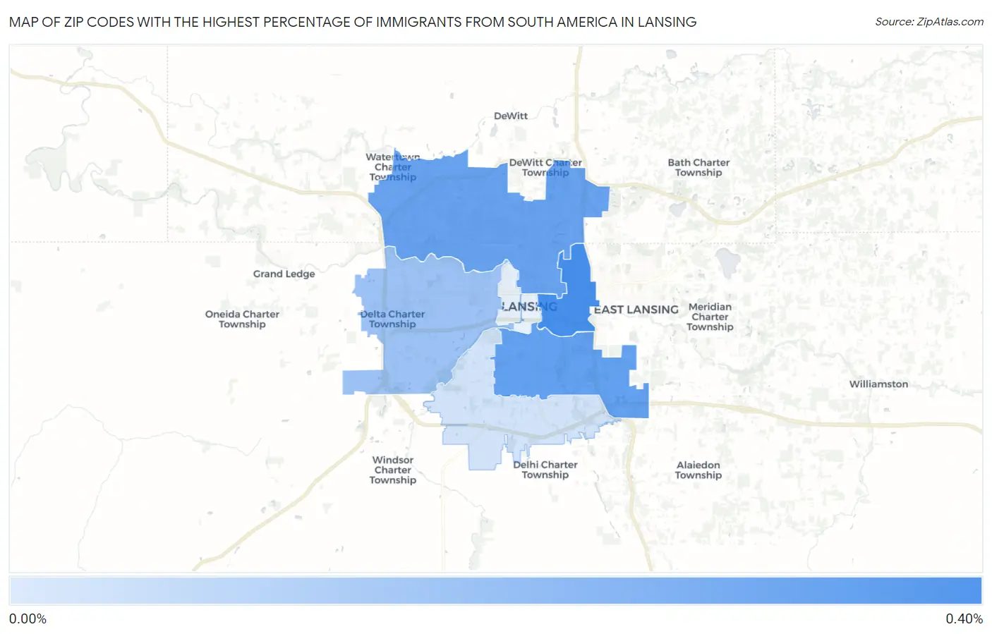 Zip Codes with the Highest Percentage of Immigrants from South America in Lansing Map