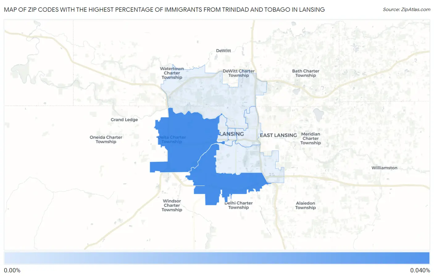 Zip Codes with the Highest Percentage of Immigrants from Trinidad and Tobago in Lansing Map