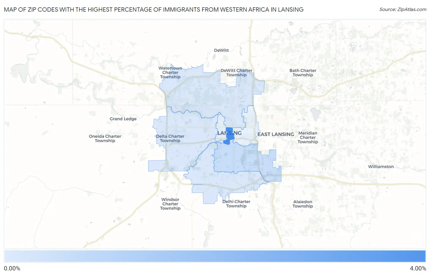 Zip Codes with the Highest Percentage of Immigrants from Western Africa in Lansing Map