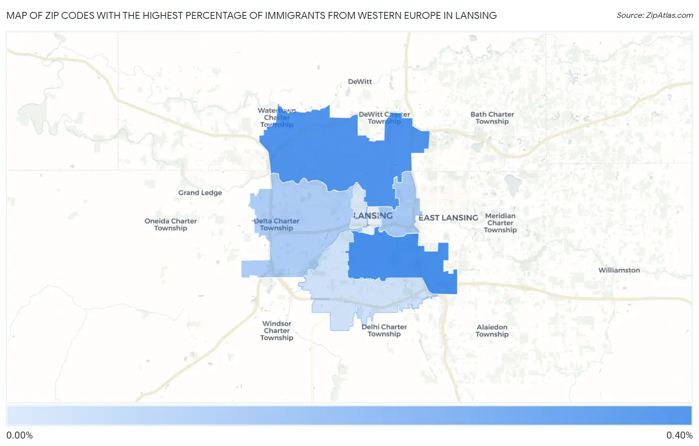 Zip Codes with the Highest Percentage of Immigrants from Western Europe in Lansing Map