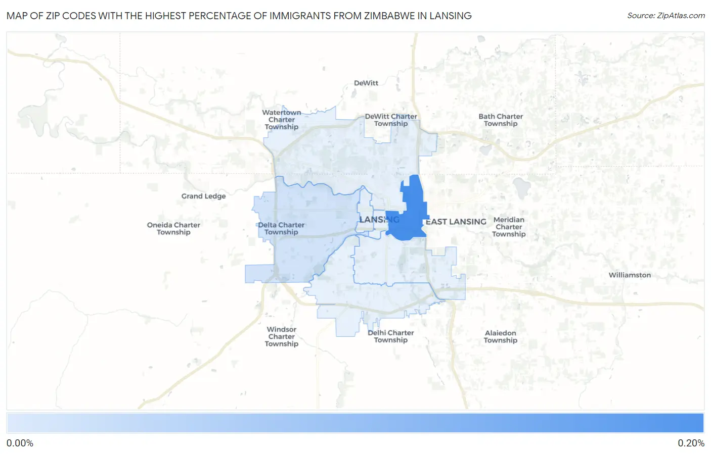 Zip Codes with the Highest Percentage of Immigrants from Zimbabwe in Lansing Map