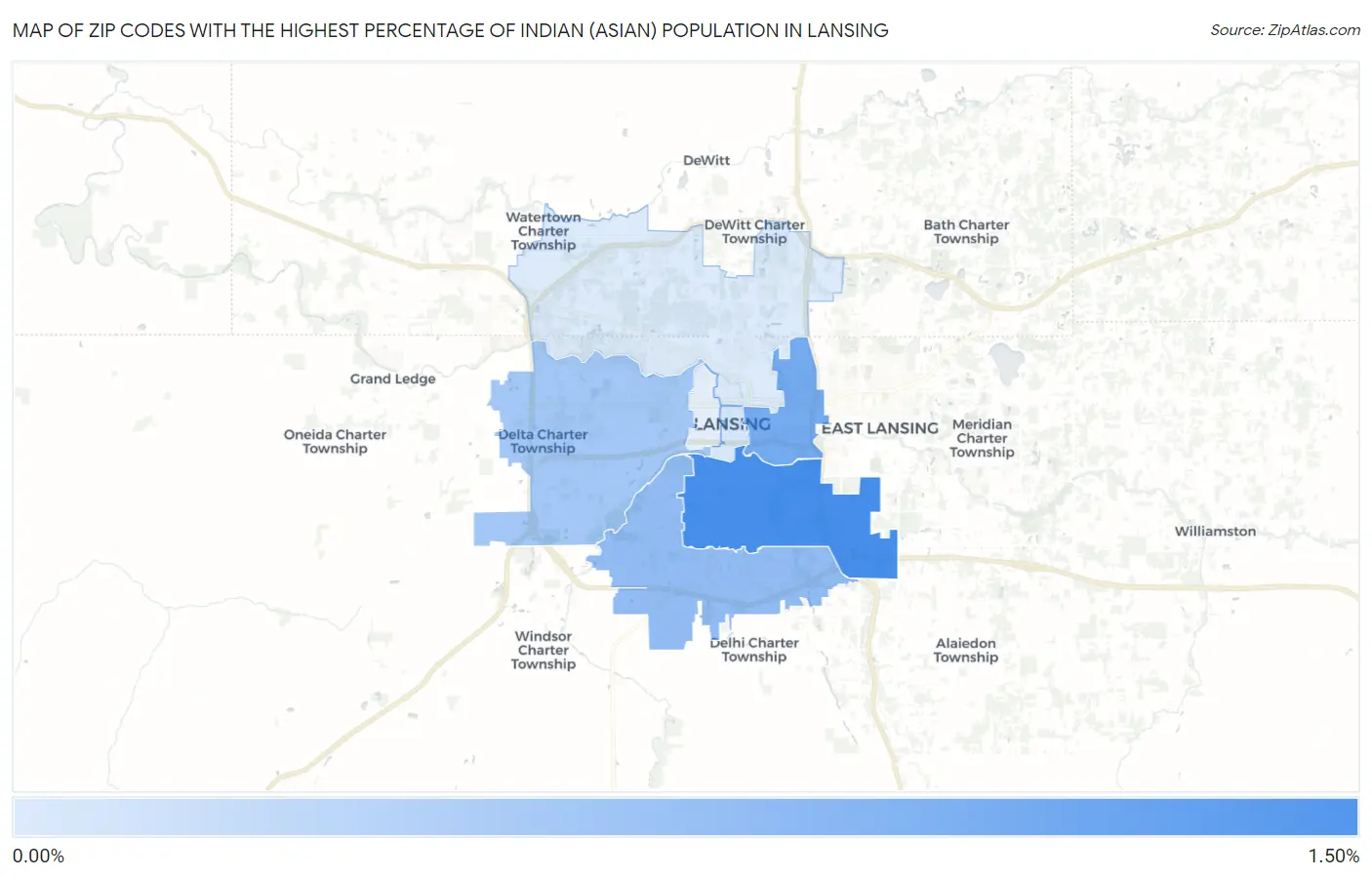 Zip Codes with the Highest Percentage of Indian (Asian) Population in Lansing Map
