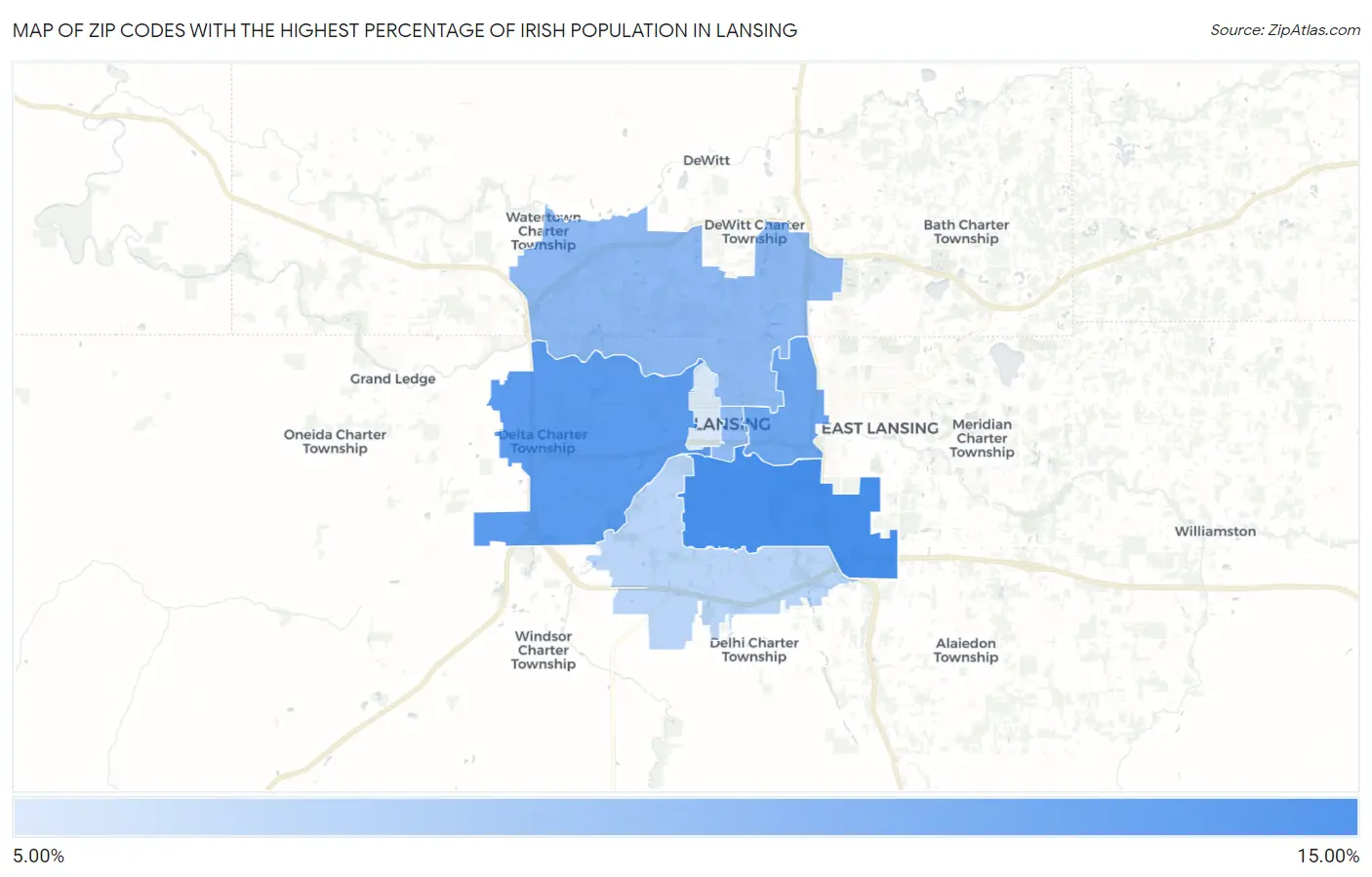 Zip Codes with the Highest Percentage of Irish Population in Lansing Map