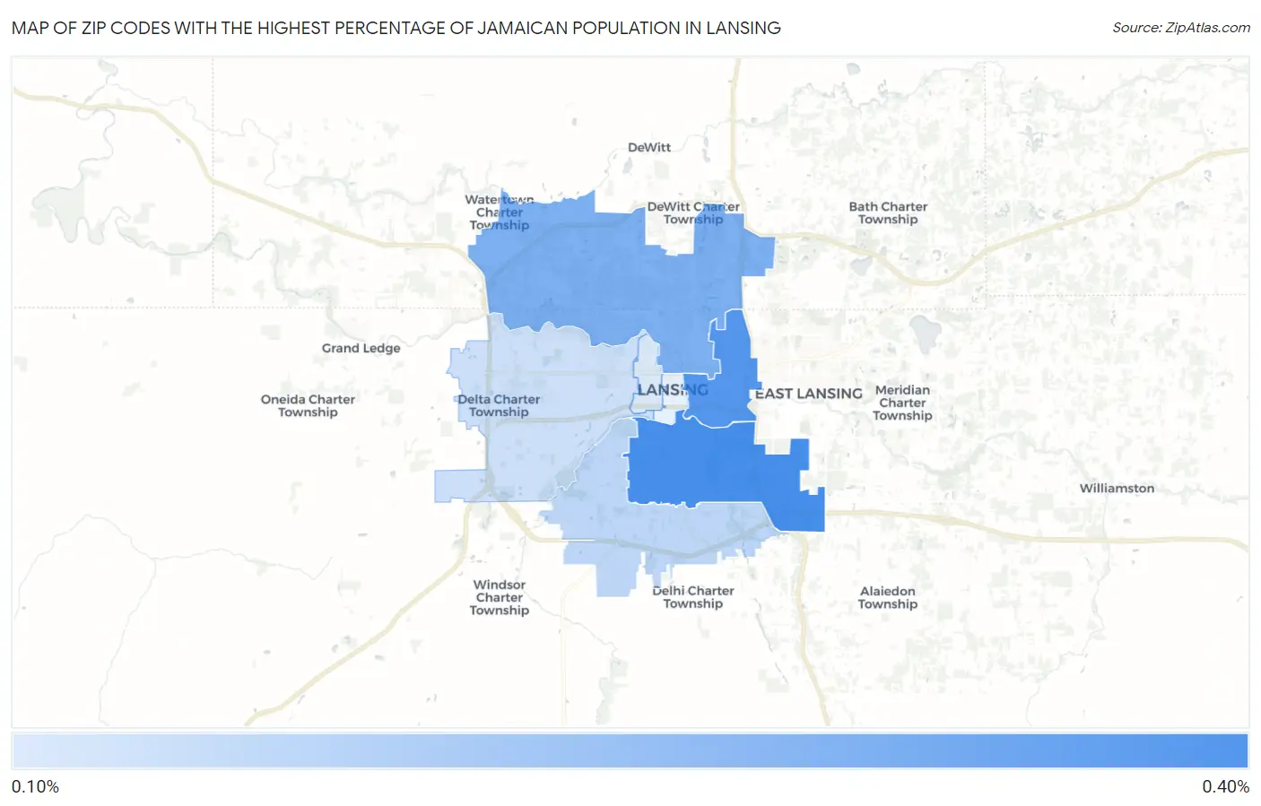 Zip Codes with the Highest Percentage of Jamaican Population in Lansing Map