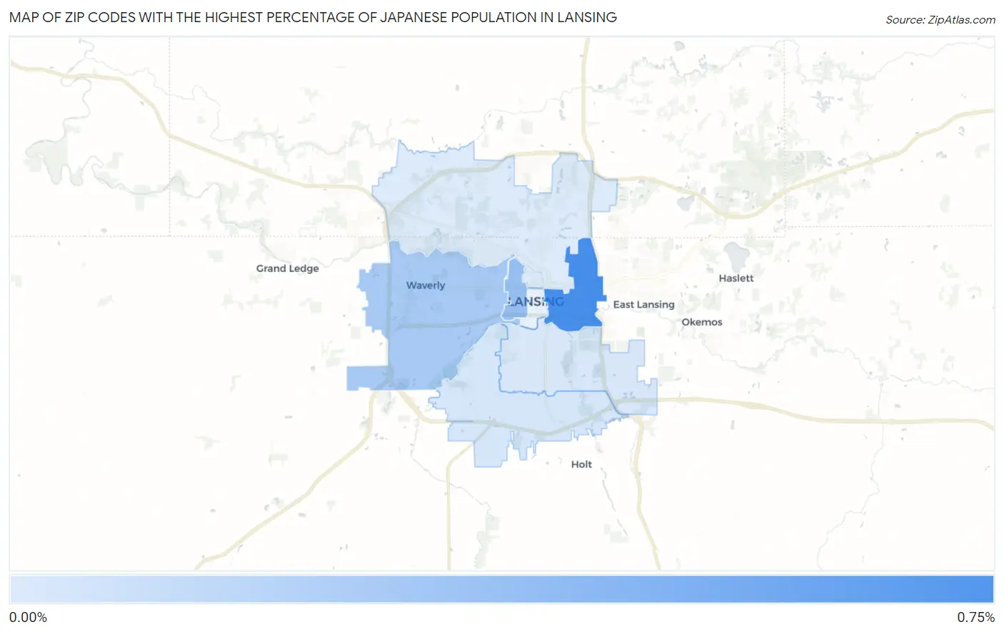 Zip Codes with the Highest Percentage of Japanese Population in Lansing Map
