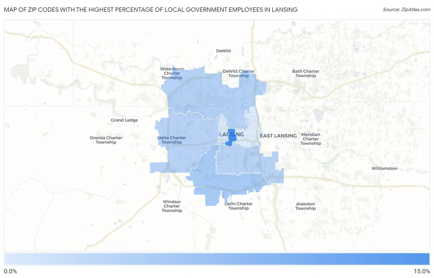 Zip Codes with the Highest Percentage of Local Government Employees in Lansing Map