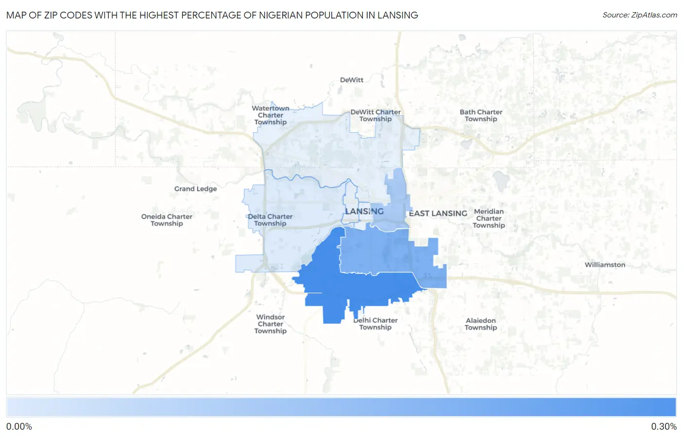 Zip Codes with the Highest Percentage of Nigerian Population in Lansing Map