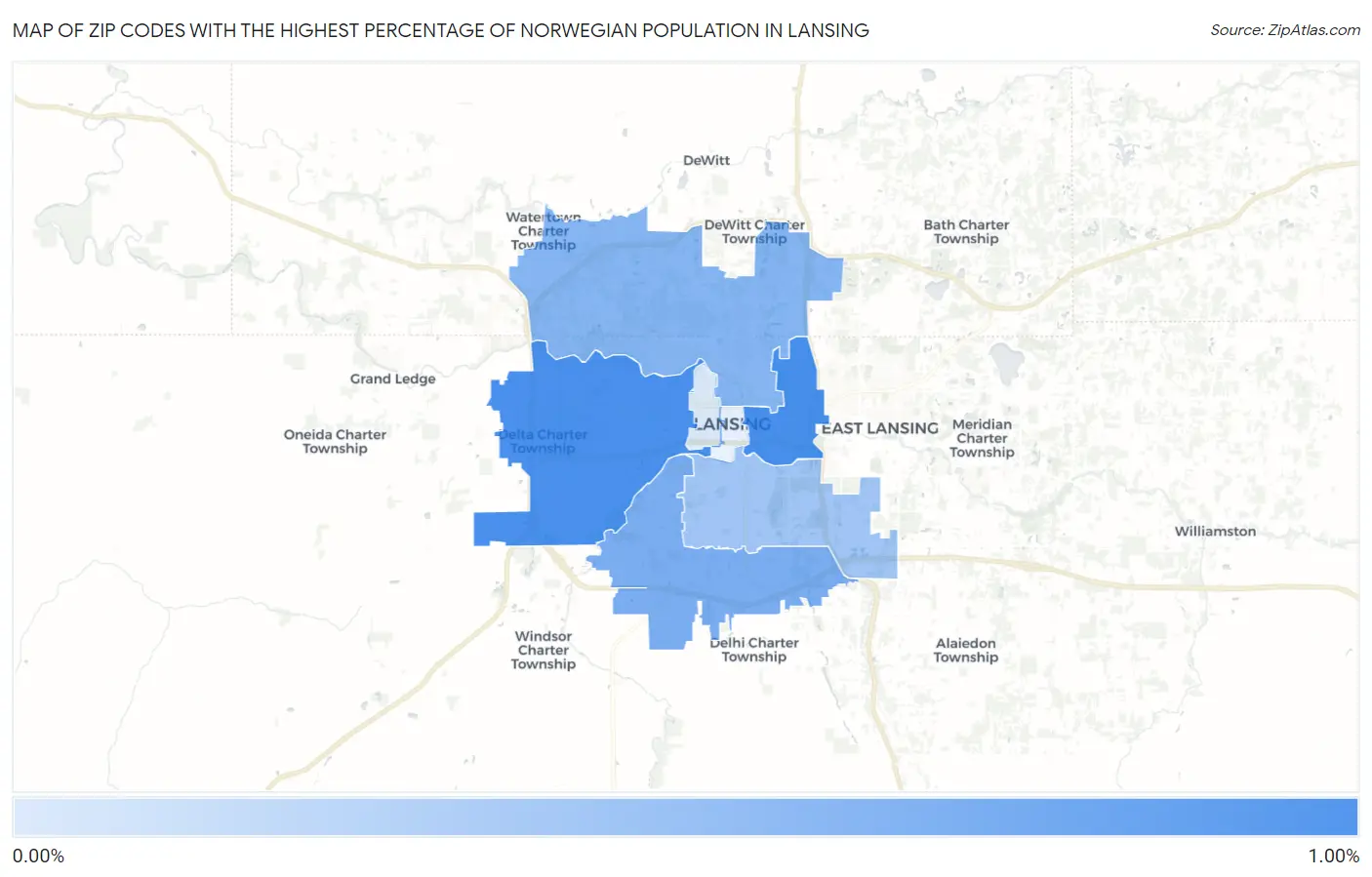 Zip Codes with the Highest Percentage of Norwegian Population in Lansing Map