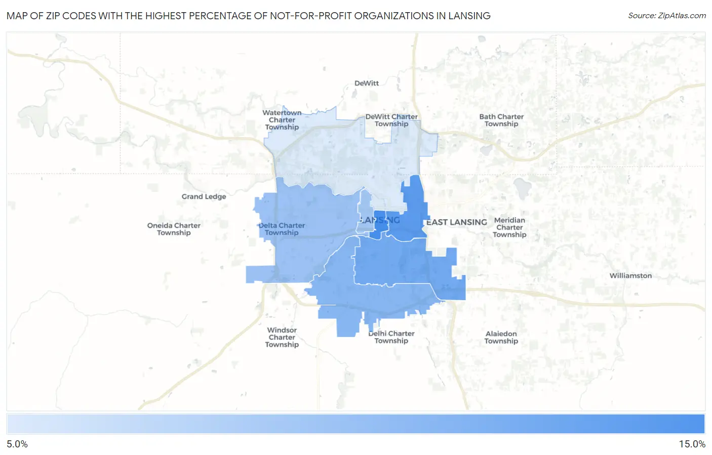Zip Codes with the Highest Percentage of Not-for-profit Organizations in Lansing Map