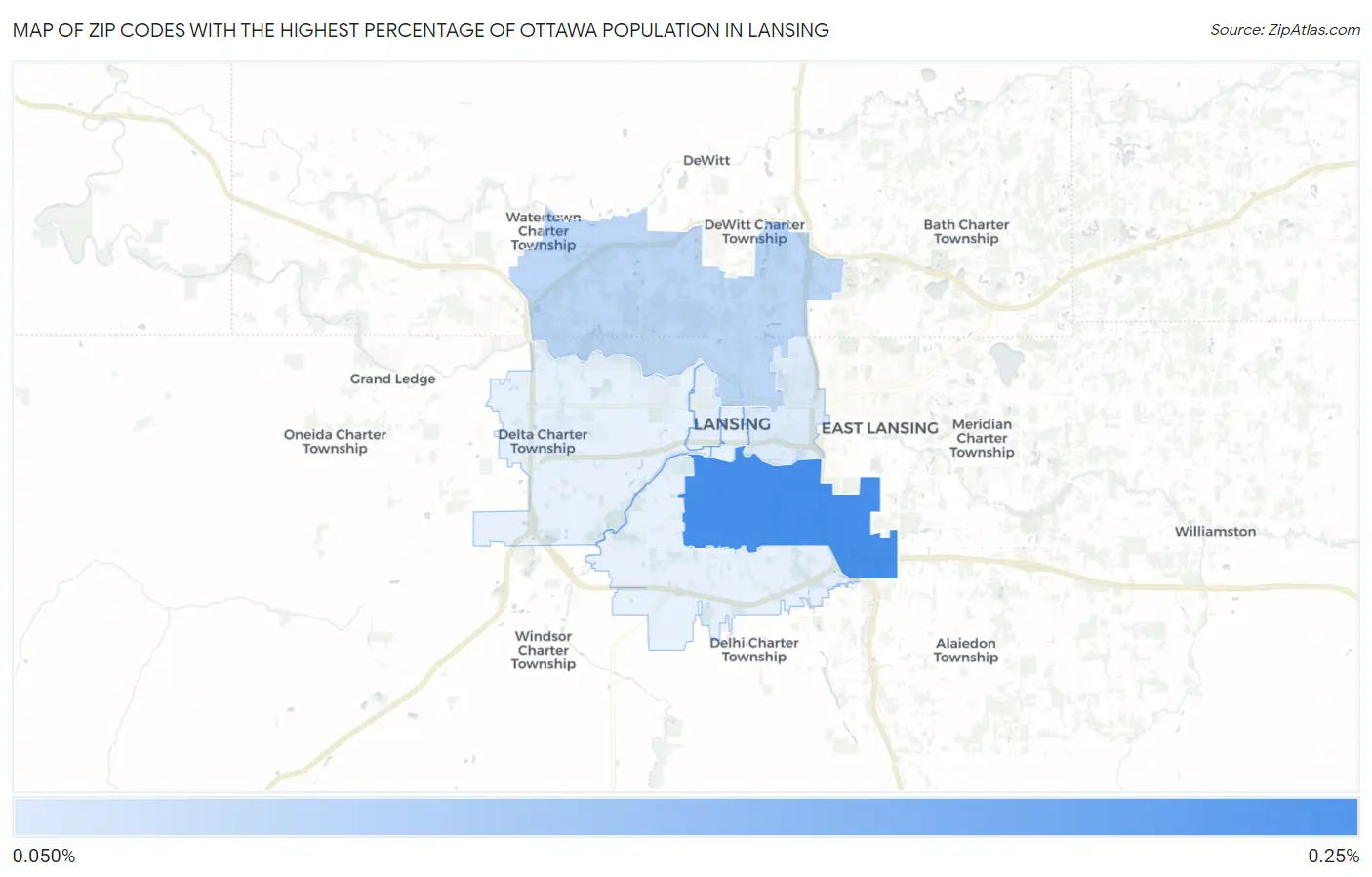 Zip Codes with the Highest Percentage of Ottawa Population in Lansing Map