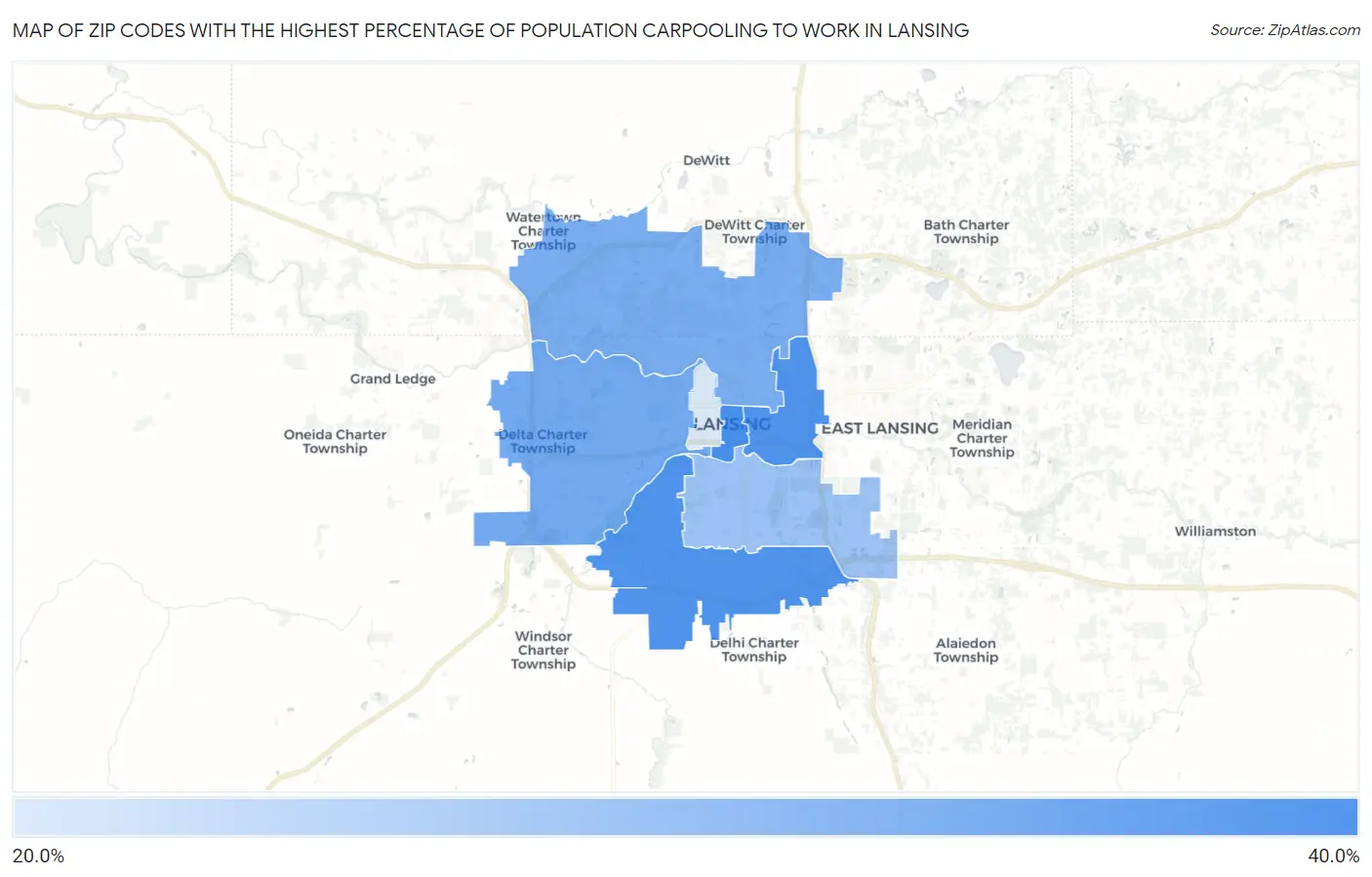 Zip Codes with the Highest Percentage of Population Carpooling to Work in Lansing Map