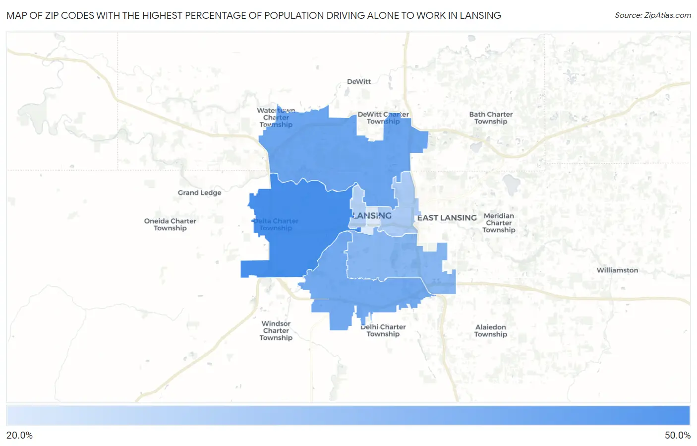Zip Codes with the Highest Percentage of Population Driving Alone to Work in Lansing Map