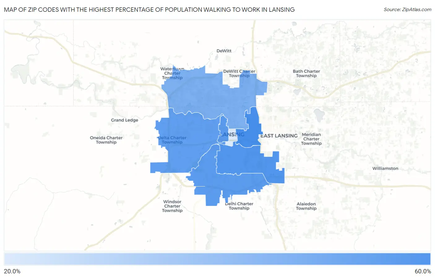 Zip Codes with the Highest Percentage of Population Walking to Work in Lansing Map