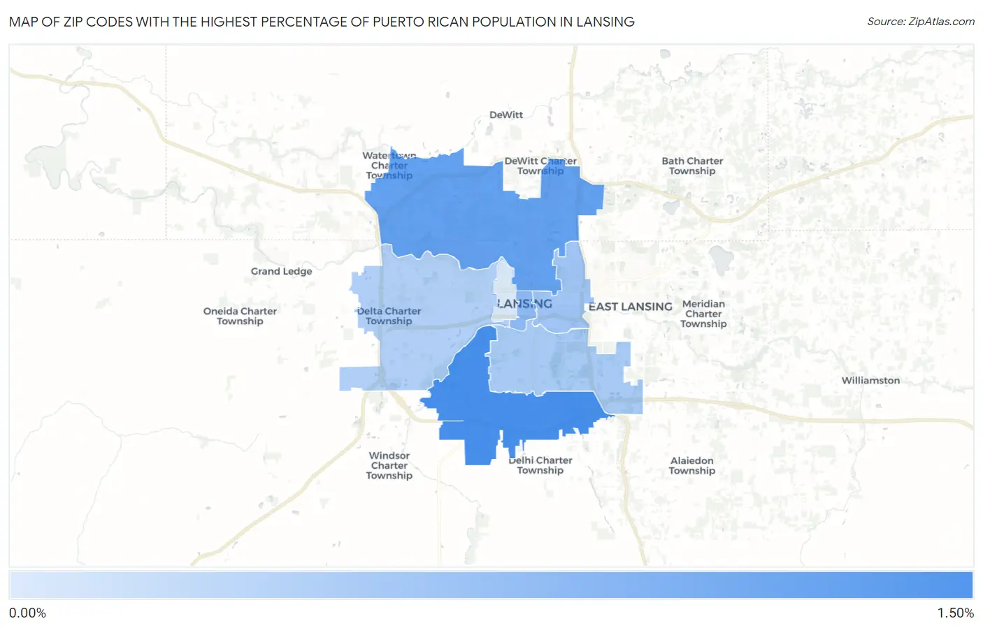 Zip Codes with the Highest Percentage of Puerto Rican Population in Lansing Map