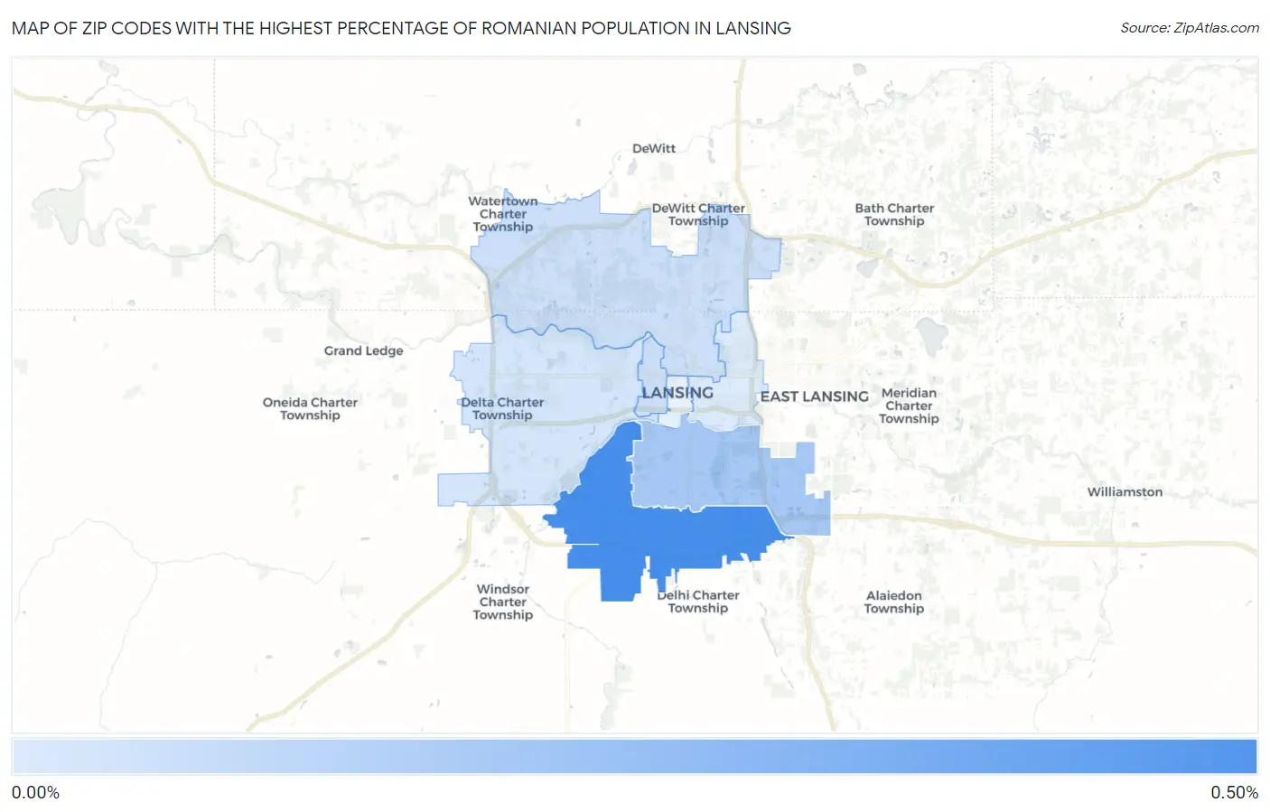 Zip Codes with the Highest Percentage of Romanian Population in Lansing Map
